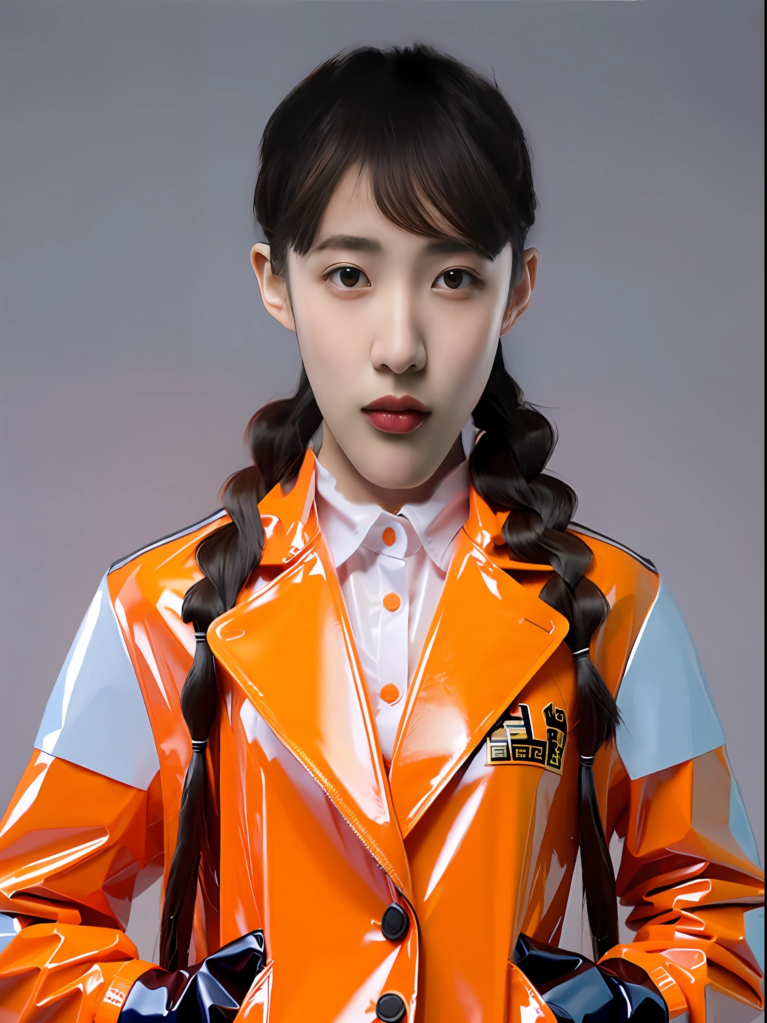 A Chinese high school girl,Wearing an orange PVC blazer,Plump body shape,long braid