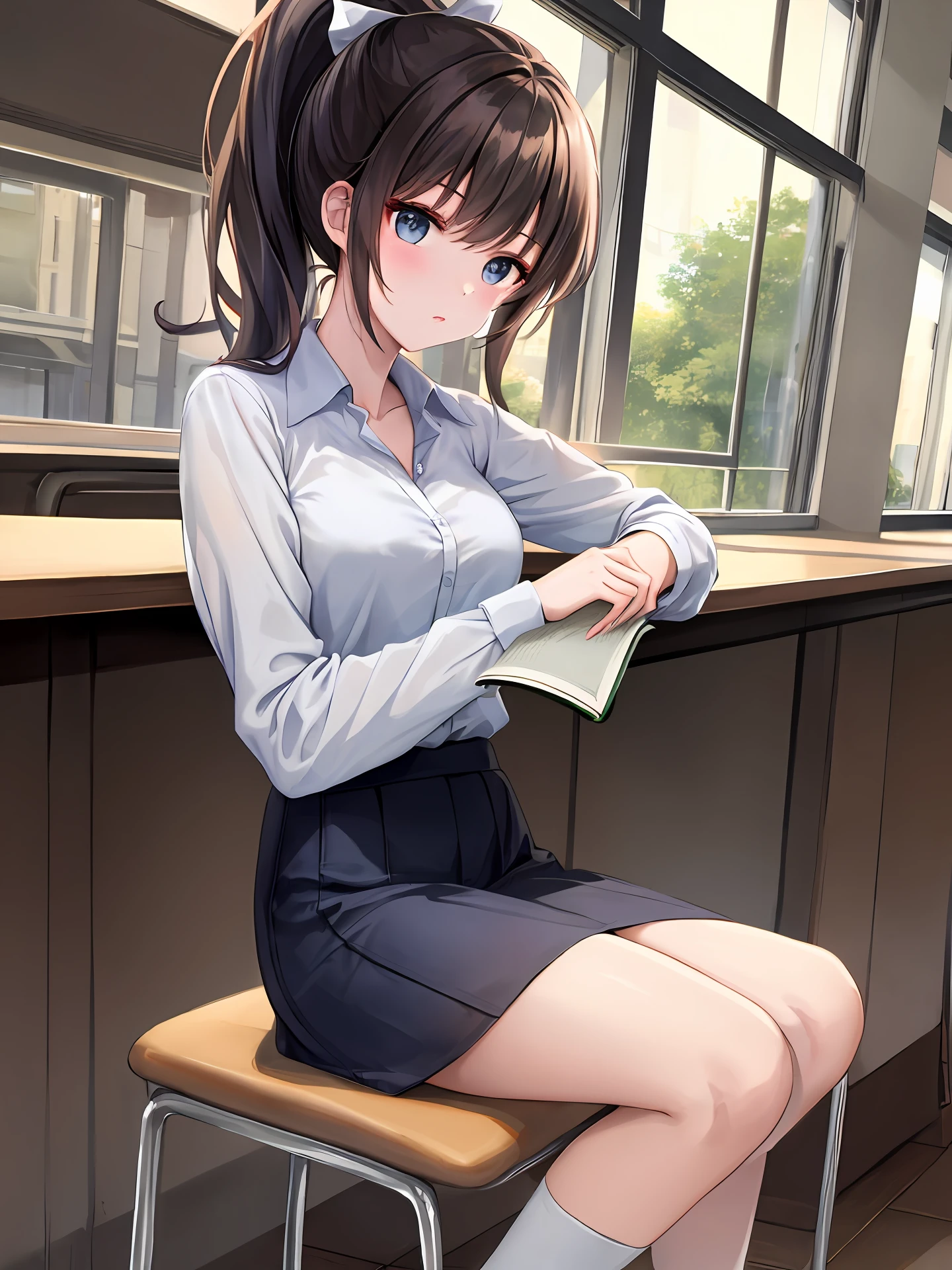 In class, a girl sits in a seat reading a book in a high ponytail
Wear a white shirt and canvas shoes