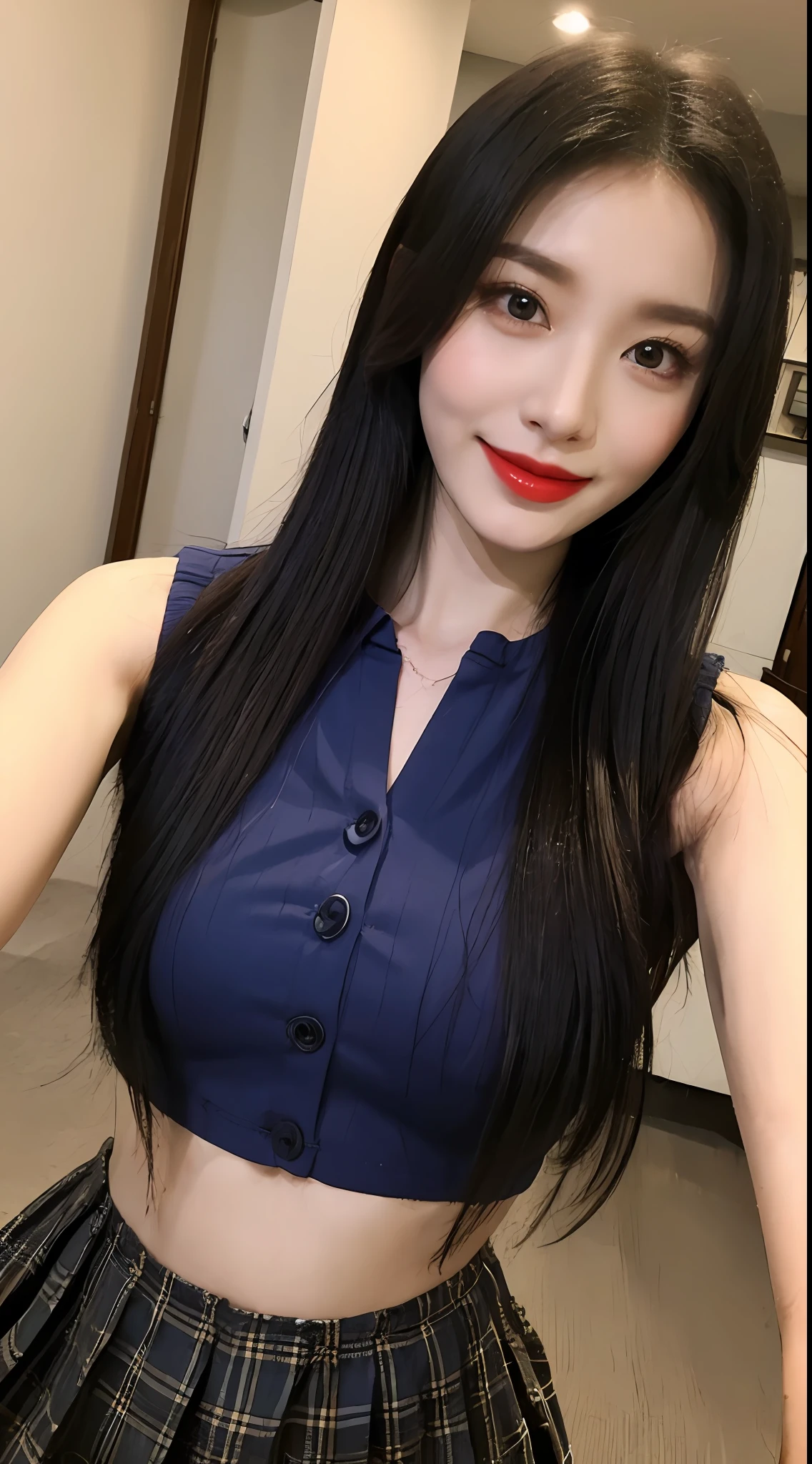 high detal,8K分辨率,超高分辨率,Best image quality,a beauty girl,lipsticks,Love pupils,Peerless beauty,Messy black straight hair,shoulder-length short hair,(Coiled hair)Smooth hair,Intense and beautiful makeup,Exquisite and perfect facial features,the most beautiful big eyes,Be red in the face,Sweet smile,(Wearing a blue lace shirt with buttons,tiese ,Plaid pleated skirt)Open navel,Thin waist,(Full breasts)Get close to the viewer,dynamic angle,Extreme picture quality,Highest accuracy