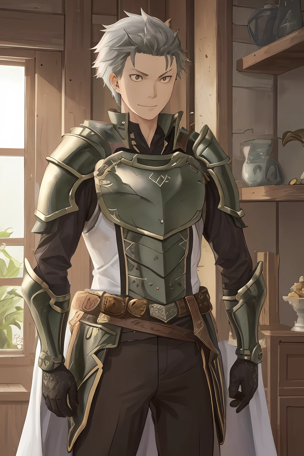 (1 Adult male),A high resolution, Sharp focus, Pixiv masterpiece, ((Complicated details)), highly detailed, natsuki_subaru, 1 man, ssmile,full bodyesbian, greene eyes(eyes glowing), with short white hair,Armour,cloaks,Shoulder armor,perspire,look from down