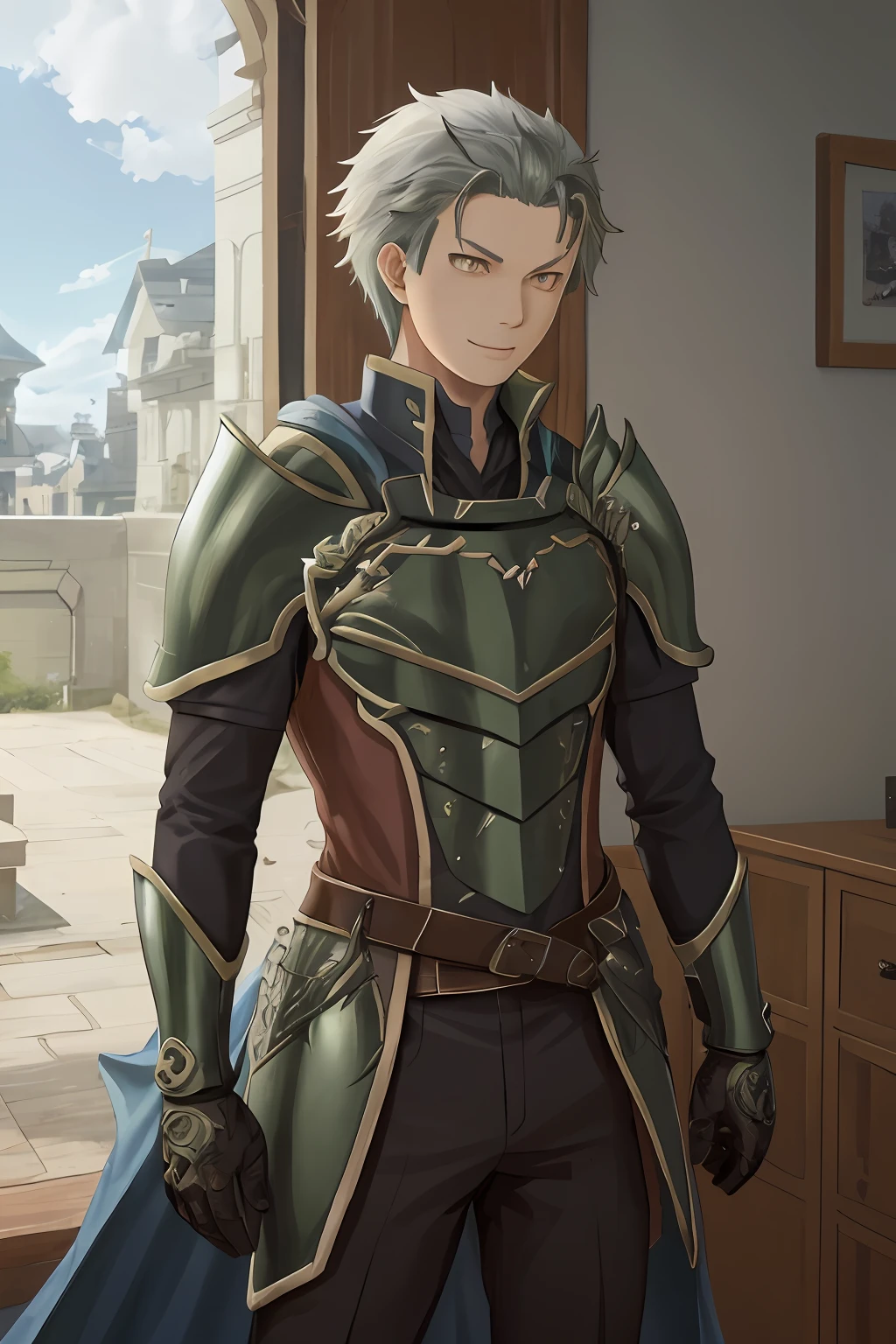 (1 Adult male),A high resolution, Sharp focus, Pixiv masterpiece, ((Complicated details)), highly detailed, natsuki_subaru, 1 man, ssmile,full bodyesbian, greene eyes(eyes glowing), with short white hair,Armour,cloaks,Shoulder armor,perspire,look from down