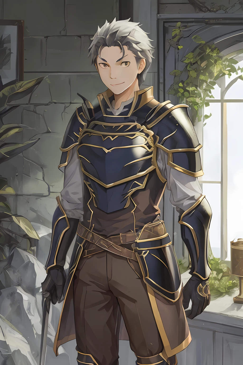 （1 Adult male），A high resolution， Sharp focus， Pixiv masterpiece， （（Complicated details））， highly  detailed， natsuki_subaru， 1 man， ssmile，full bodyesbian， greene eyes（eyes glowing）， with short white hair，Armour，cloaks，Shoulder armor，perspire，look from down