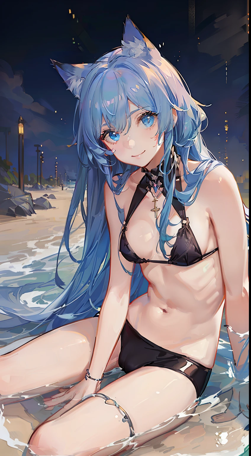 young boy, Long aquamarine hair, cat ears, blue eyes, ssmile, open body, underpants, Beach, Masterpiece, hiquality