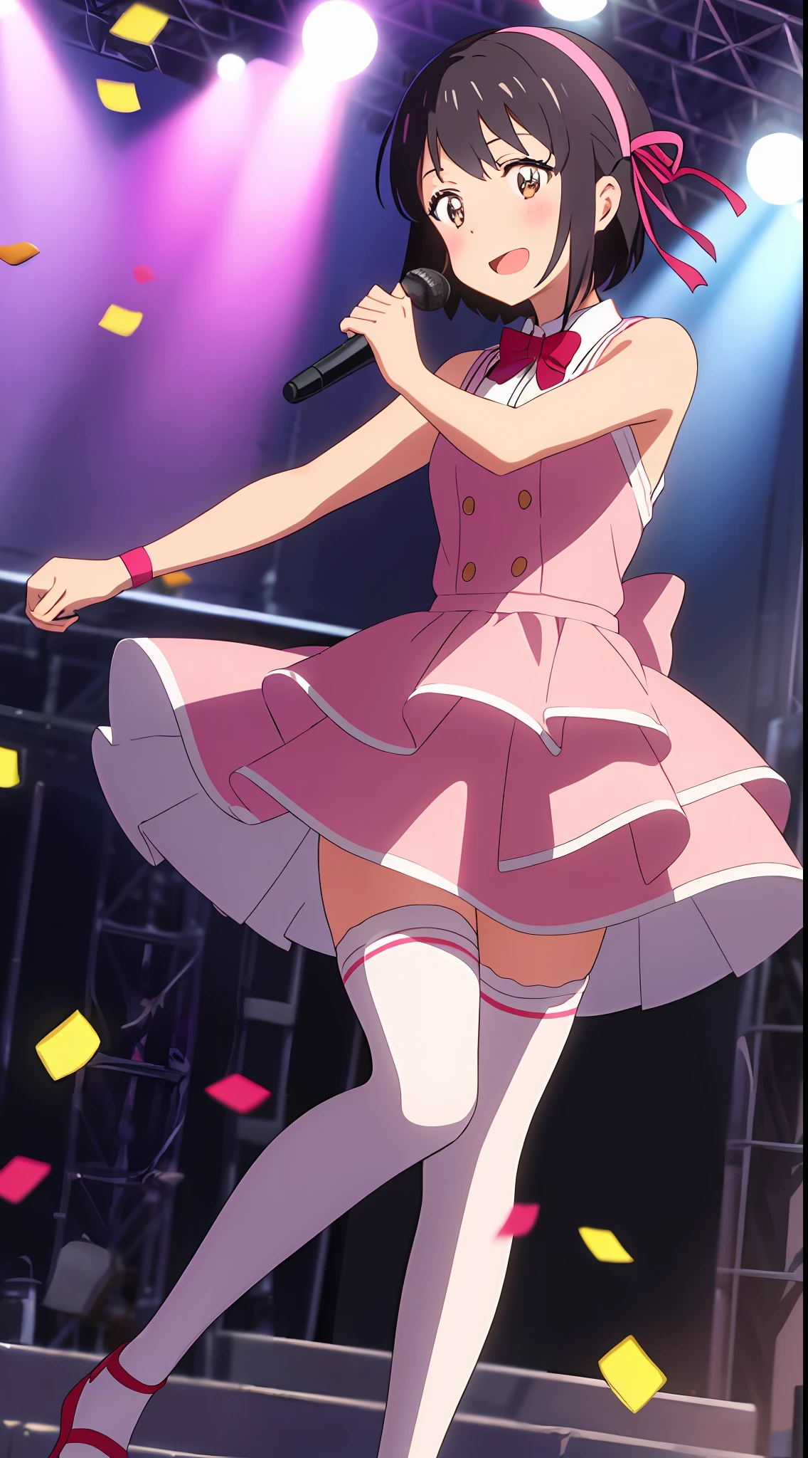 high quality, best quality, masterpiece, absurdres, shinkai makoto, kimi no na wa., 1girl, bangs, black hair, blush, brown eyes, idol, idol clothes, pink dress, ribbon, white dress, black hair, red bow, red headband, red ribbon, short hair, smile, cute, solo, open mouth, singing, concert, stage, outdoors, dynamic pose, bare shoulders, thighhighs, confetti