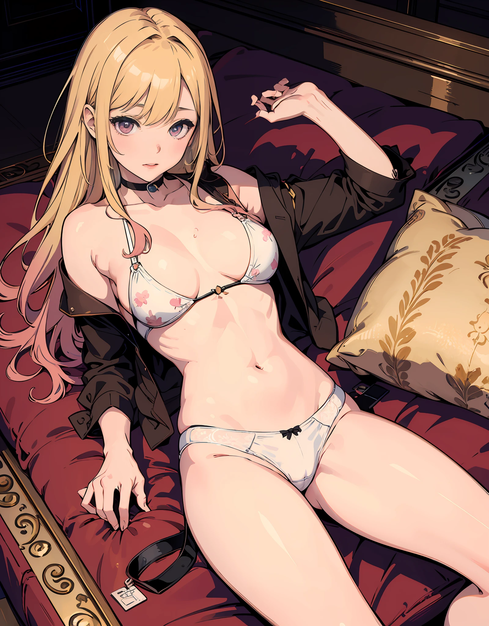 (masterpiece, best quality), Marin Kitagawa, beautiful girl, lying down, (detailed beautiful eyes) underwear, full body shot, long blonde hair, pink eyes, visible bellybutton
