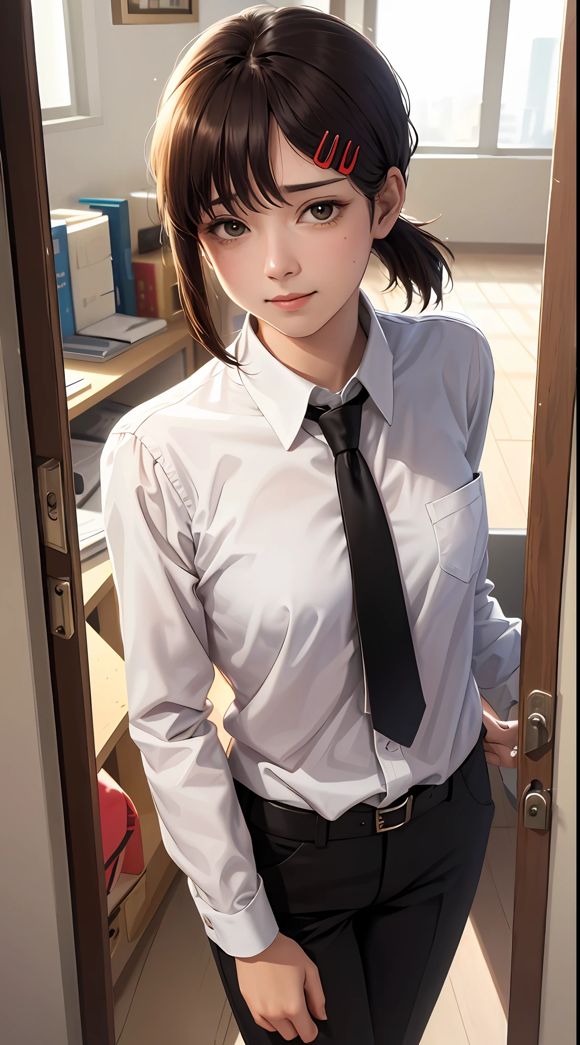 masterpiece, best quality, ultra-detailed, illustration, epic lighting, cinematic composition, isometric, 1girl, solo, cute, brown eyes, black hair, swept bangs, single sidelock, red hairclip, white collared shirt, black necktie, black pants, formal, enchanting gaze, captivating pose, indoors, office, door, opening door, looking at viewer, peeking out upper body, blush, seductive smile, closed mouth,(8k:1.1),