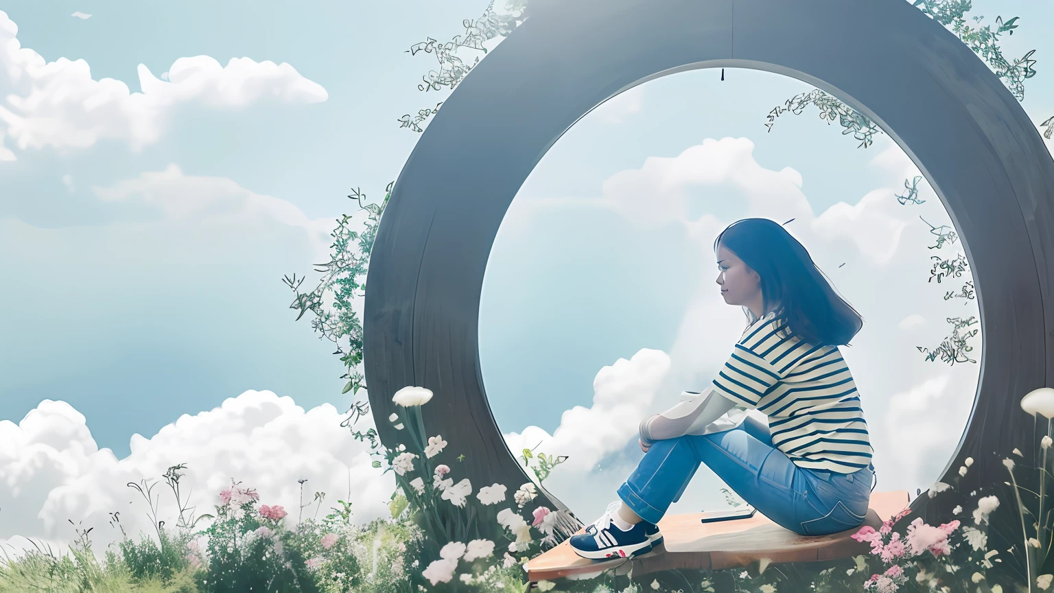 There was a woman sitting on a bench in a tree, sitting in a fluffy cloud, in the middle of nature, Sit in the clouds, in a scenic background, Feel the nature, shot on a Canon EOS R5, sitting with flowers, In the clouds, Sit on a tree,Inside Wonderland,Cranes in the background,Starry sky in the background,There are rivers of stars in the background