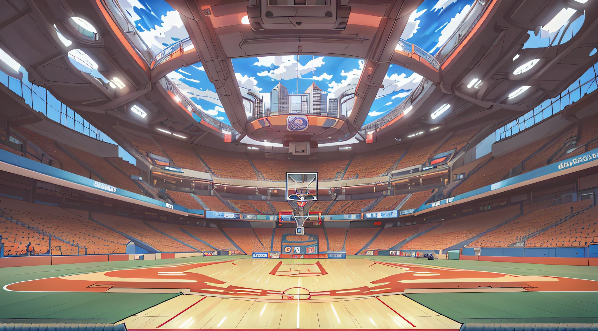 there is a basketball court with a sky background and a basketball court, arena background, volley court background, anime scenery concept art, futuristic sport arena, cool skydome, anime background art, in the middle of an arena, baseball stadium, official anime still, skydome, anime scenery, in a futuristic arena, stadium landscape, cushart