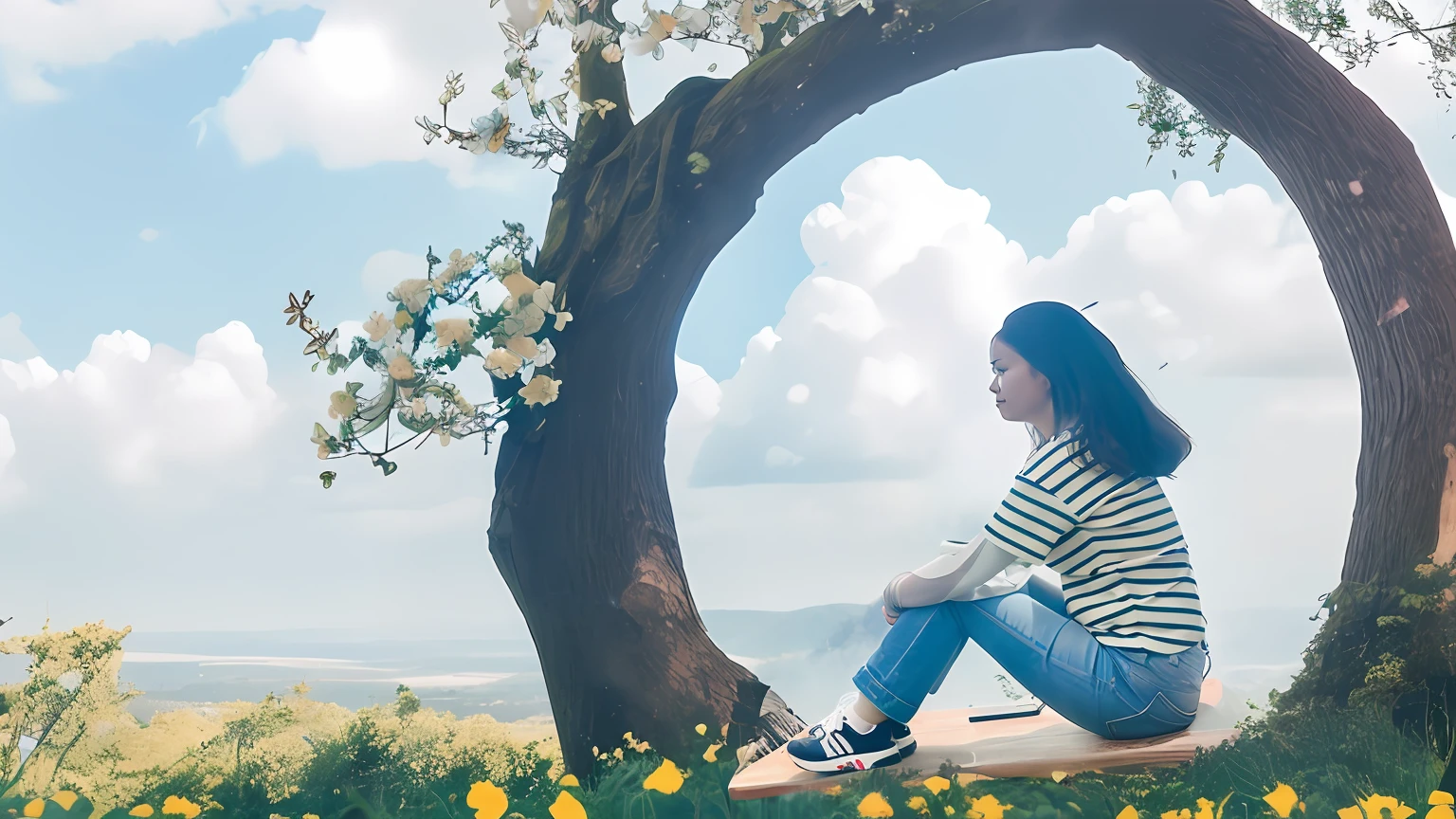 There was a woman sitting on a bench in a tree, sitting in a fluffy cloud, in the middle of nature, Sit in the clouds, in a scenic background, Feel the nature, shot on a Canon EOS R5, sitting with flowers, In the clouds, Sit on a tree,Inside Wonderland,Cranes in the background,Starry sky in the background,There are rivers of stars in the background