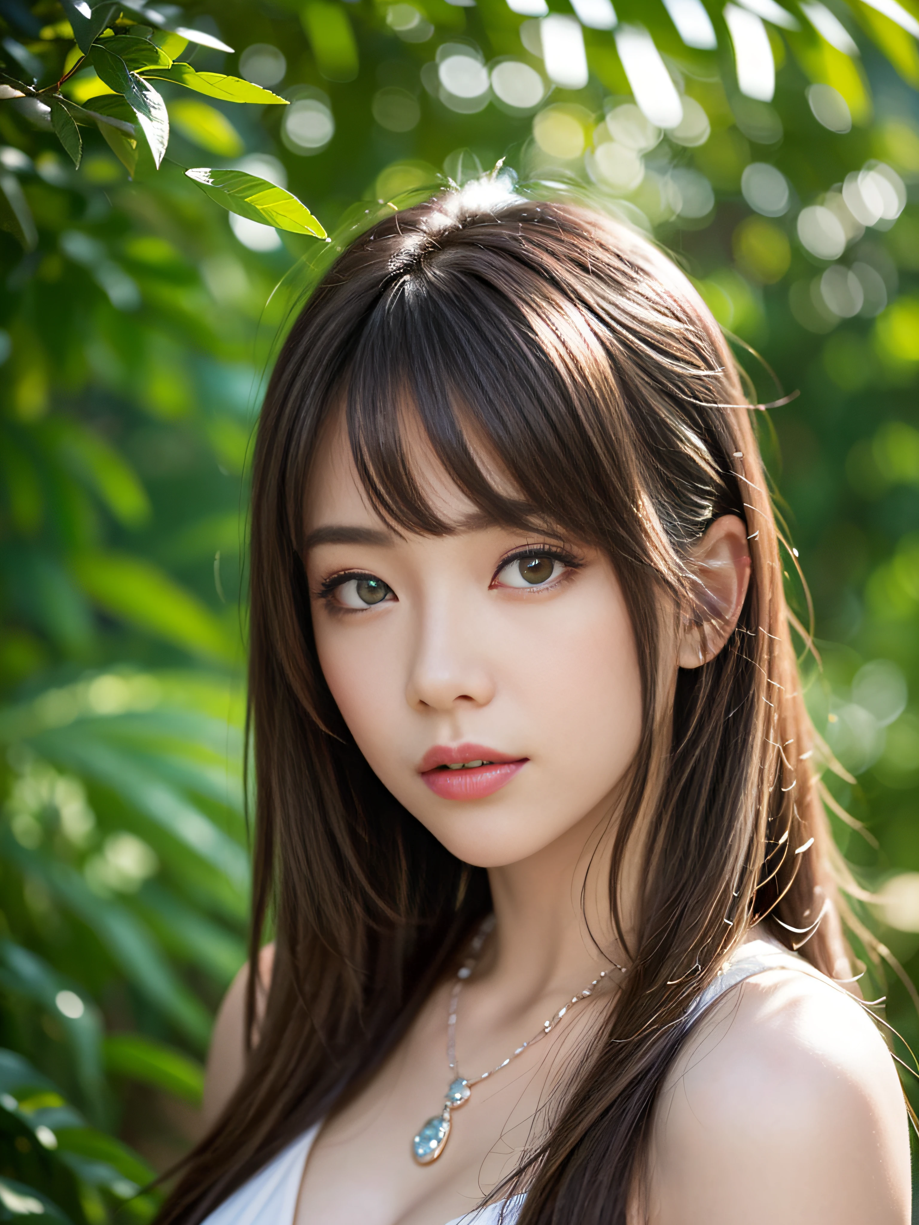 ((Realistic lighting、top-quality、8K、masterpiece:1.3))、Clear focus:1.2、NSFW:1.2,(nudde:1.2)、((realisitic)) , ((Real Light、top-quality))、Model body type:1.4、(dark brown hair、tits out:1.2)、length hair、tropical rainforest、(24 year old:1.3)、hyperdetailed face、A detailed eye、二重まぶた、a necklace、Bracelet、Hair over one eye、high-heels、eye line、falls、