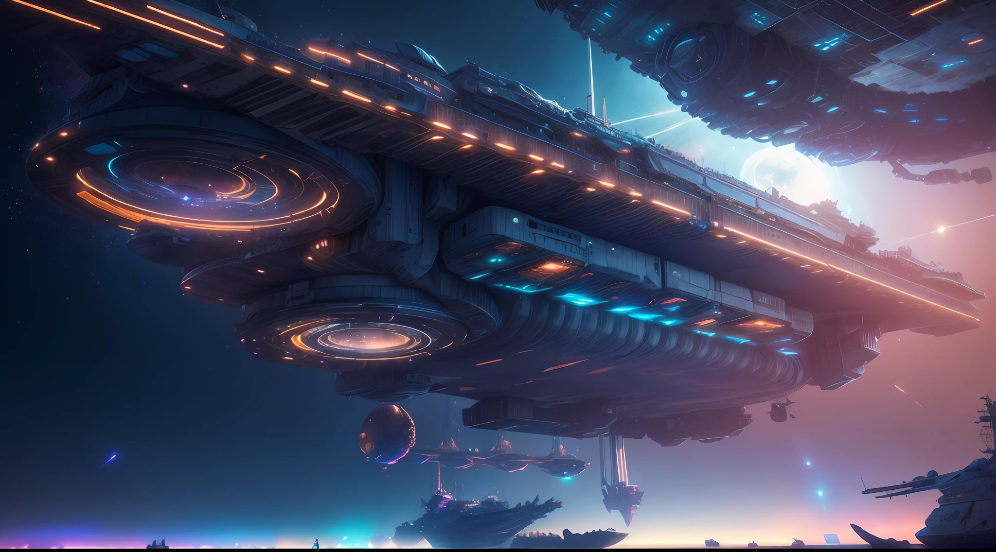 (space art),(low angle view:1.2), in space, A Large aircraft carriers , Below the spaceship is space,Cyberpunk, Dreamy Glow, Luminous neon lamp, ( Global illumination, raytracing, HDR, unreal render,reasonable design, high detailed, masterpiece, best quality, UHD, Cinematic Lighting),antitech