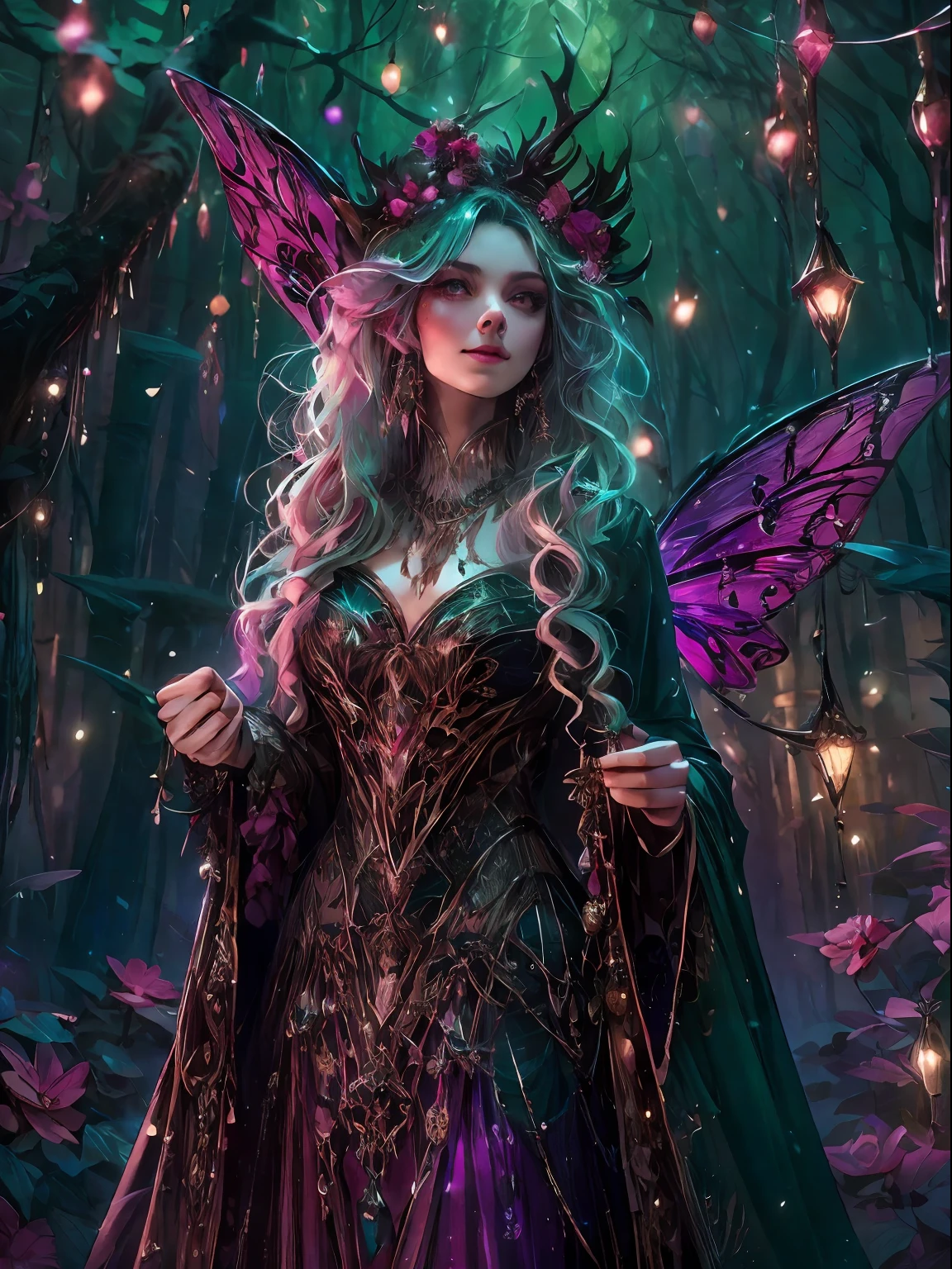 HighestQuali，tmasterpiece：1.2，Detailed details，Full body image of a beautiful forest witch in a decorative dress, Witch fashion, dynamicposes, fairy lights, Hyperrealistic, hyper-maximalist, insanely details, 4K