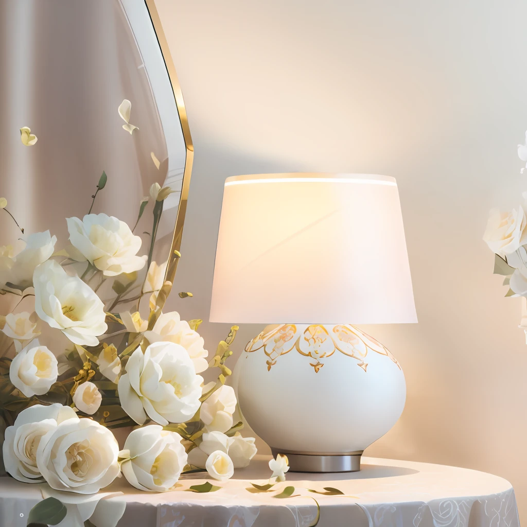 Positive perspective，There was a white lamp and a pot of flowers on the table，product closeups, Product photo, product introduction photos，exquisite and smooth details，exquisite detailing，Professional product photography，ProductAdvertisements，Elegant and sophisticated atmosphere，photograph of-realistic，8K