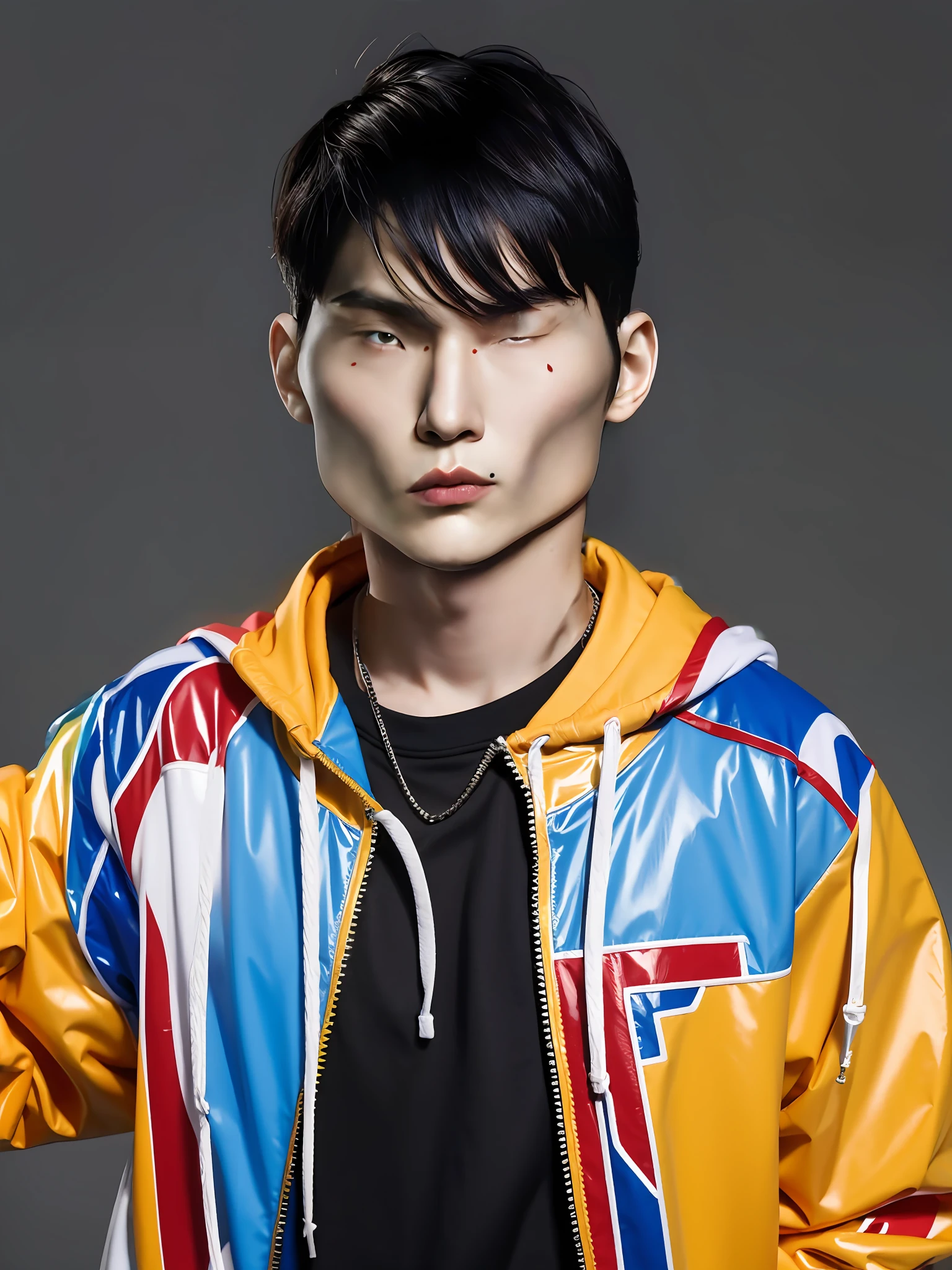 Chinese male high school student，Wear a PVC color sweatshirt，wearing hat，