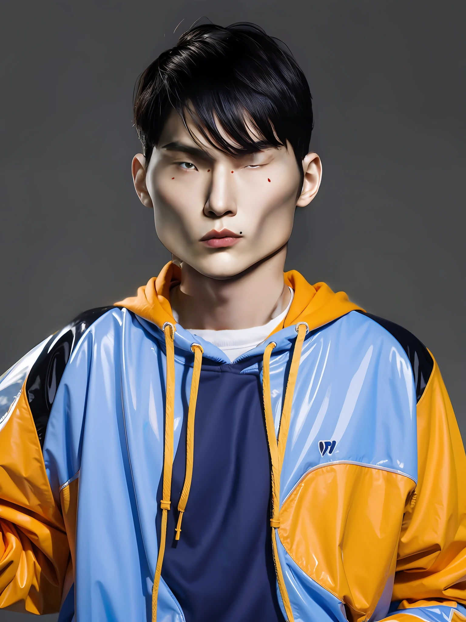 Chinese male high school student,Wear a PVC color sweatshirt,wearing hat,