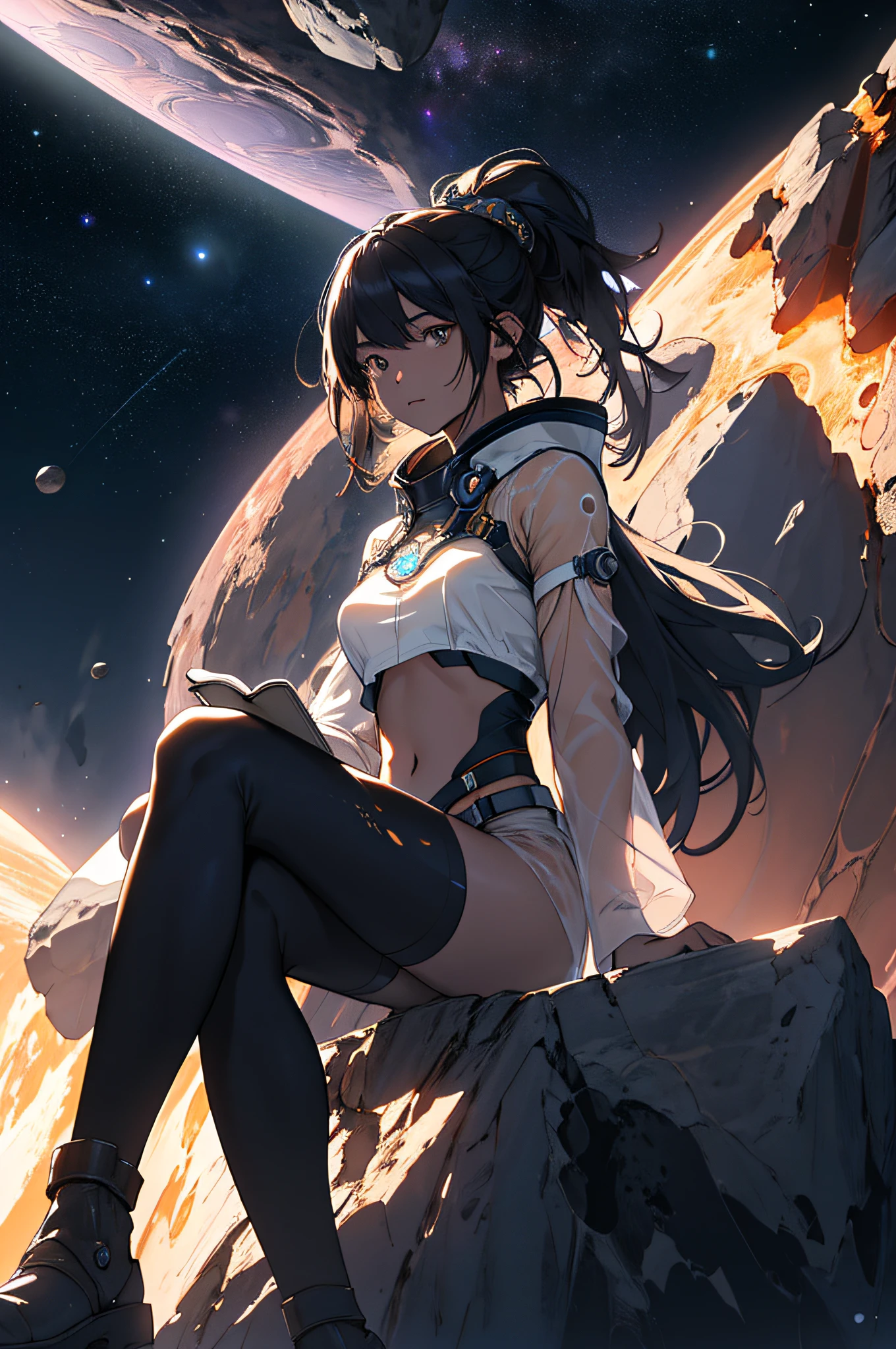 Depicts a young witch sitting on a research platform floating in the middle of an asteroid belt。Beautiful she is studying in a notebook surrounded by several asteroids that glow with a fiery aura。What you're wearing is see-through、Her beautiful middle breasts、Navel、I see the legs, etc.、Dramatic lighting from distant stars and planets illuminates the scene、Cast a deep shadow on the suit。The young woman looks confident and determined、Looking at the vast and mysterious universe with wonder and respect、facial hairs、cowboy shot、