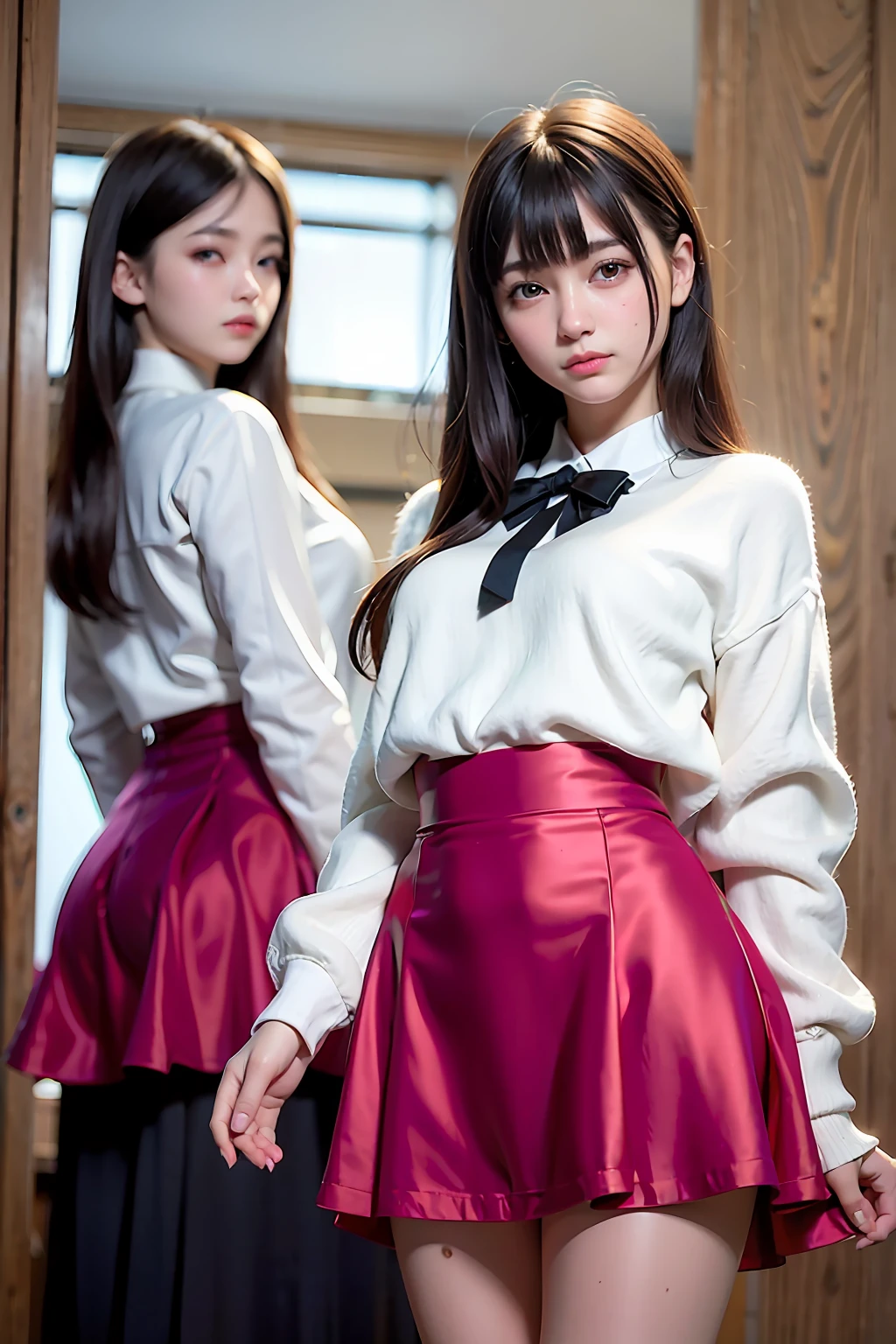 (Masterpiece:1.2),(Photorealsitic:1.5),2girls, duo,Silk,Satin,Skirt,winter,snow,