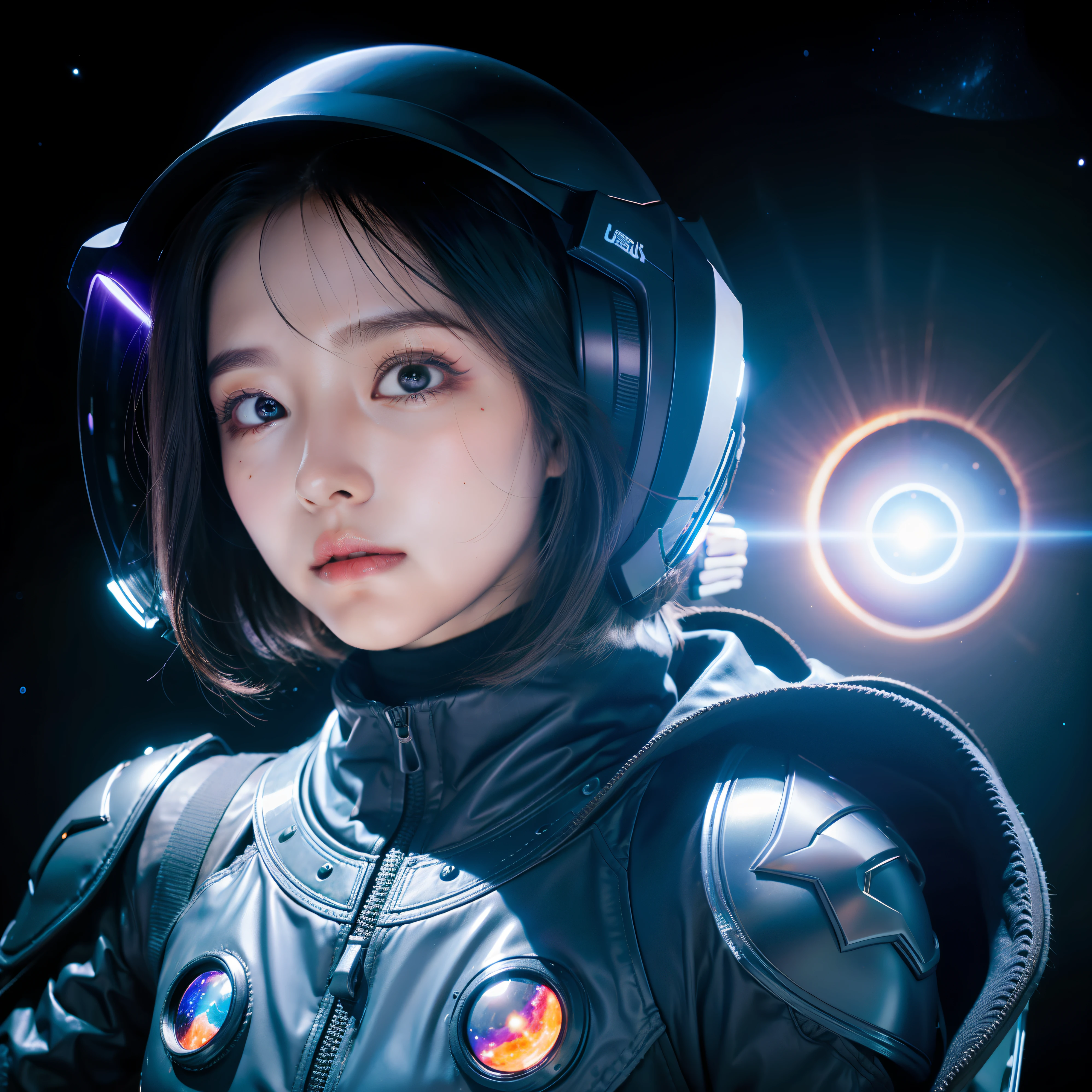 masterpiece, best quality, ultra-detailed, illustration, 1girl, solo, cowboy shot, darkstar style, glowing, glowing eyes, space, planet, star /(sky/), black hole, holding black hole, helmet, purple skin, colored skin, armor, eye look kamera, cute face koreandoll