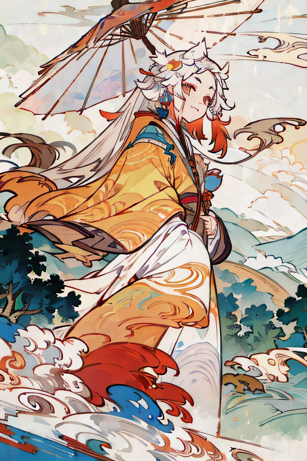 sgyy,(upper body: 1.5),(white background:1.4), ((tachi-e)), original,(illustration:1.1),(best quality),(masterpiece:1.1),(extremely detailed CG unity 8k wallpaper:1.1), (colorful:0.9),(panorama shot:1.4),(full body:1.05),(solo:1.2), (ink splashing),(color splashing),((watercolor)), clear sharp focus,1girl standing, holding umbrella,(flowers,woods),outdoors,rocks, looking at viewer, make happy expressions,soft smile,pure,beautyfull detailed face and eyes,long hair,very long hair,soft face,forehead