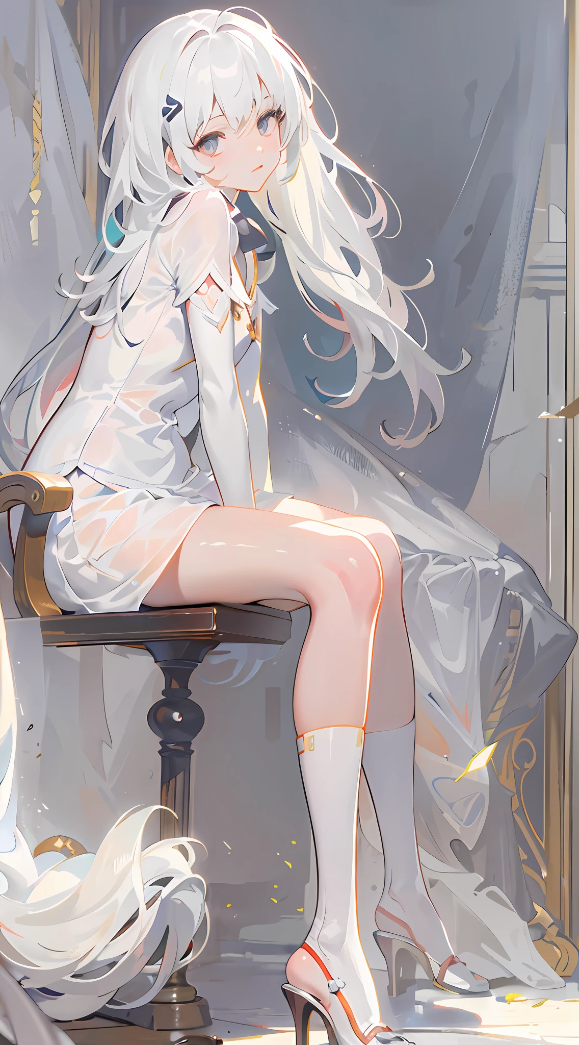 Anime girl sitting on chair with long white hair, Guweiz in Pixiv ArtStation, trending on artstation pixiv, Guweiz on ArtStation Pixiv, Digital art on Pixiv, Kushatt Krenz Key Art Women, clean and meticulous anime art, trending on cgstation, Detailed digital anime art, Guviz-style artwork