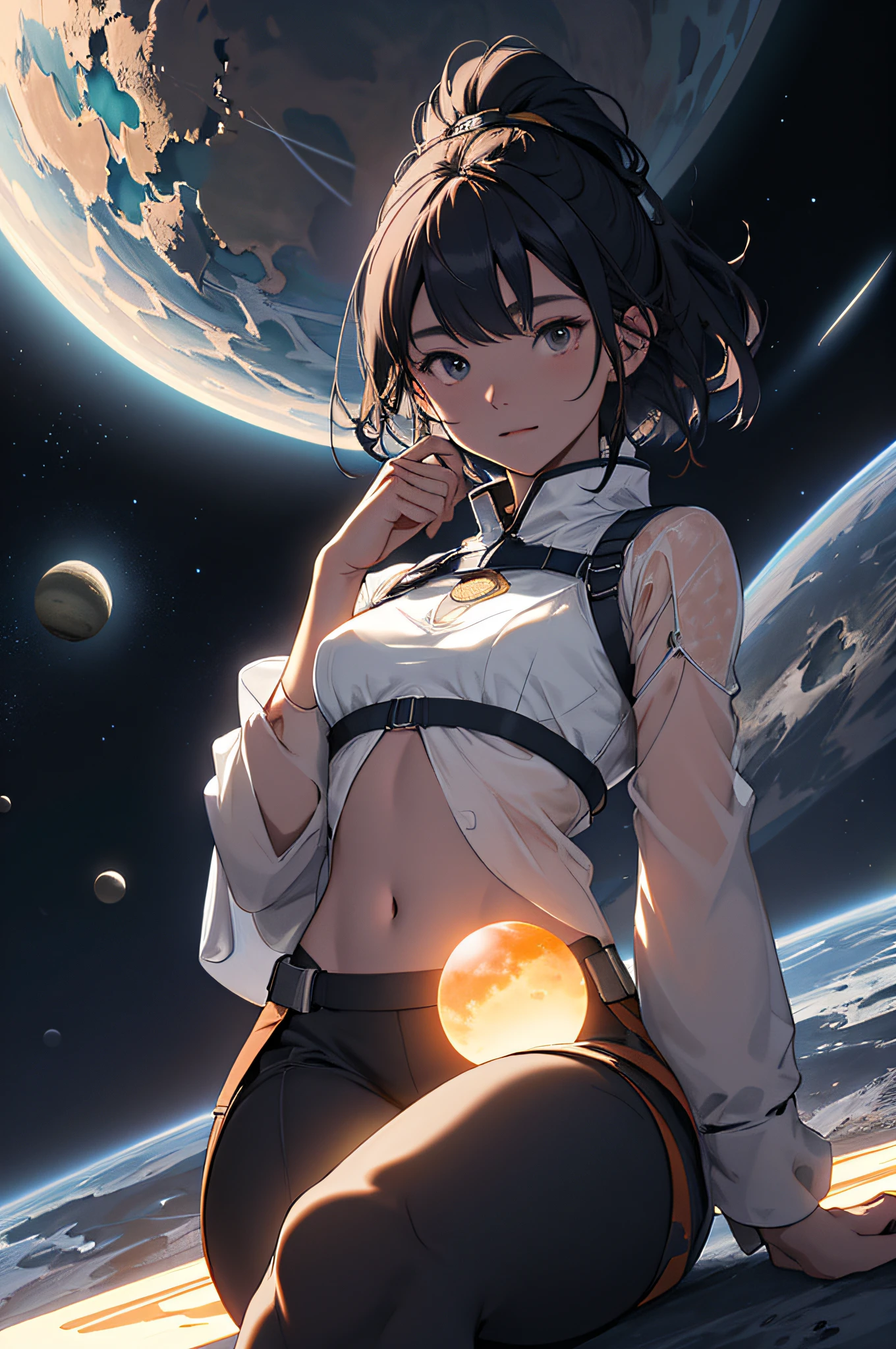 Draw a young witch sitting on a research platform floating in the middle of an asteroid belt。Beautiful she is studying in a notebook surrounded by several asteroids that glow with a fiery aura。What you're wearing is see-through、Her beautiful middle breasts、Navel、You can see the legs, etc.、Dramatic lighting from distant stars and planets illuminates the scene、Cast a deep shadow on the suit。The young woman looks confident and determined、Looking at the vast and mysterious universe with wonder and respect、facial hairs、cowboy shot、