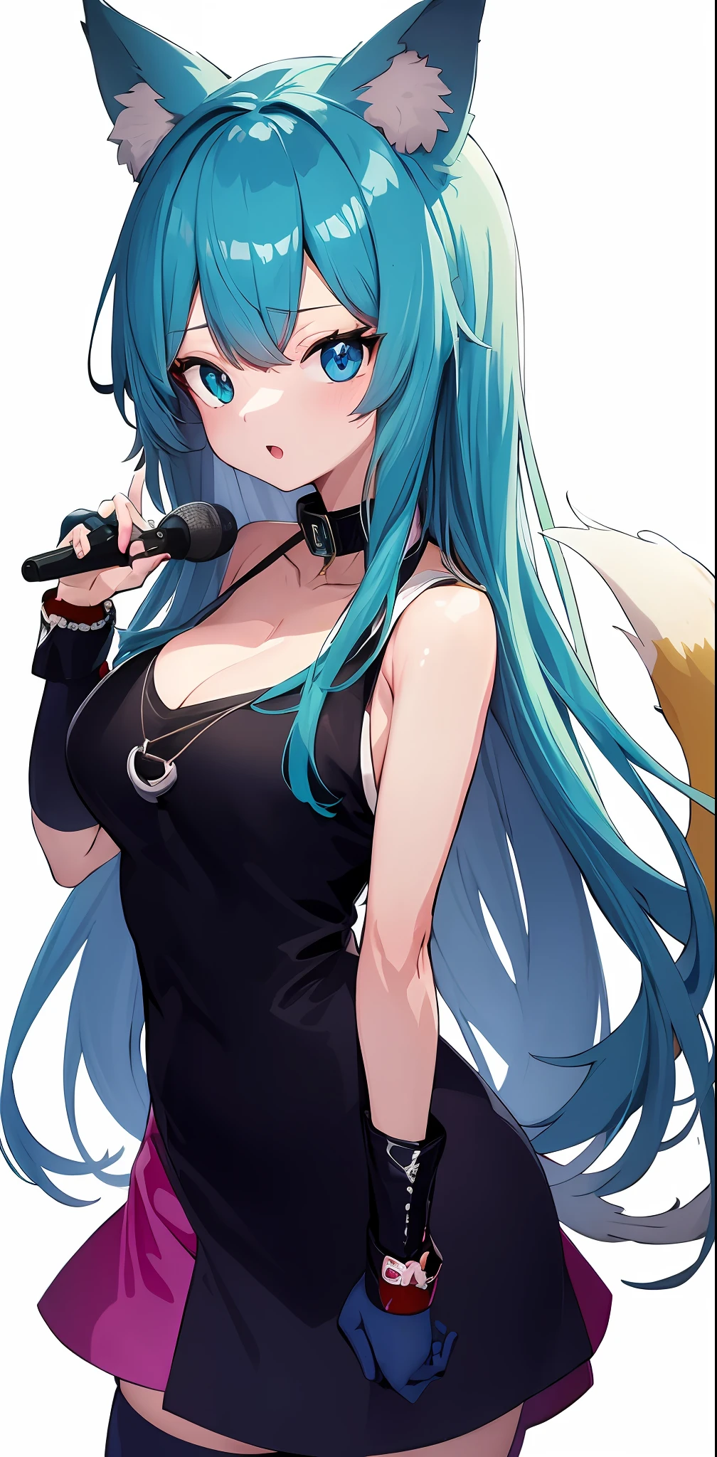 超A high resolution, nffsw, Best aesthetic, Best Quality, blue eyess, masutepiece,Jade hair color、Plain white background, furry anime,Foxbusi with microphone, Holo is a wolf girl, foxgirl,