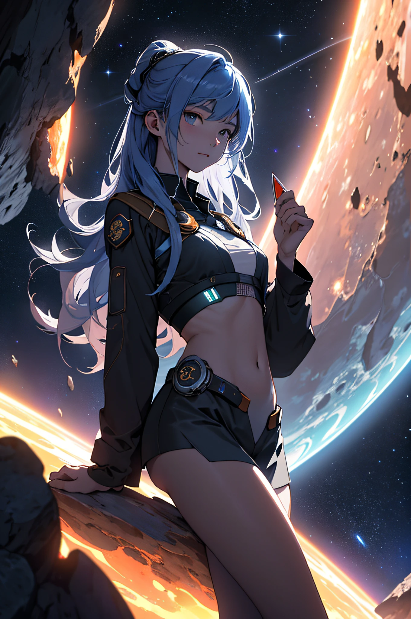 Draw a young witch sitting on a research platform floating in the middle of an asteroid belt。Beautiful she is studying in a notebook surrounded by several asteroids that glow with a fiery aura。What you're wearing is see-through、Her beautiful middle breasts、Navel、You can see the legs, etc.、Dramatic lighting from distant stars and planets illuminates the scene、Cast a deep shadow on the suit。The young woman looks confident and determined、Looking at the vast and mysterious universe with wonder and respect、facial hairs、cowboy shot、