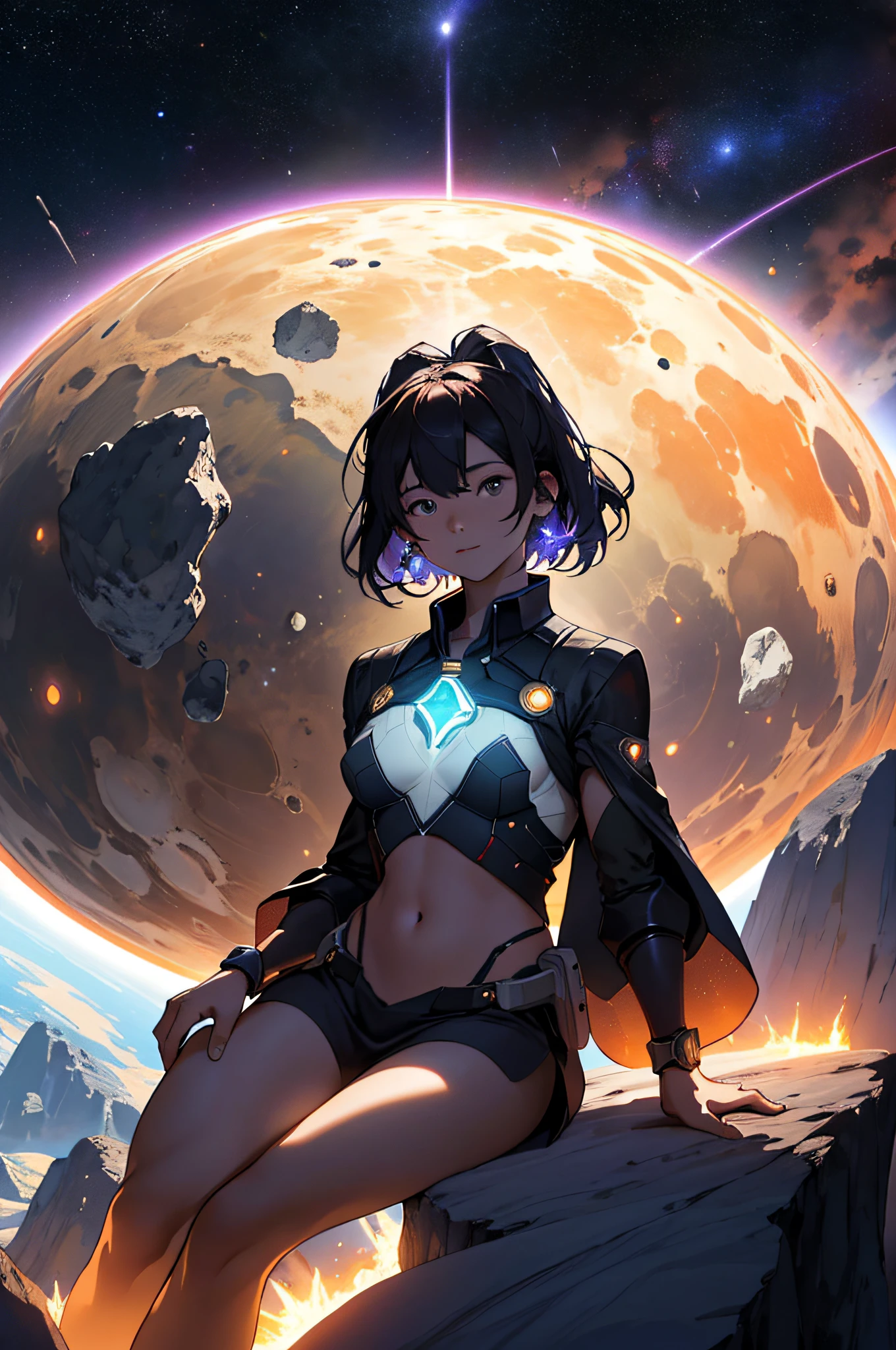 Draw a young witch sitting on a research platform floating in the middle of an asteroid belt。Beautiful she is studying in a notebook surrounded by several asteroids that glow with a fiery aura。What you're wearing is see-through、Her beautiful middle breasts、Navel、You can see the legs, etc.、Dramatic lighting from distant stars and planets illuminates the scene、Cast a deep shadow on the suit。The young woman looks confident and determined、Looking at the vast and mysterious universe with wonder and respect、facial hairs、cowboy shot、