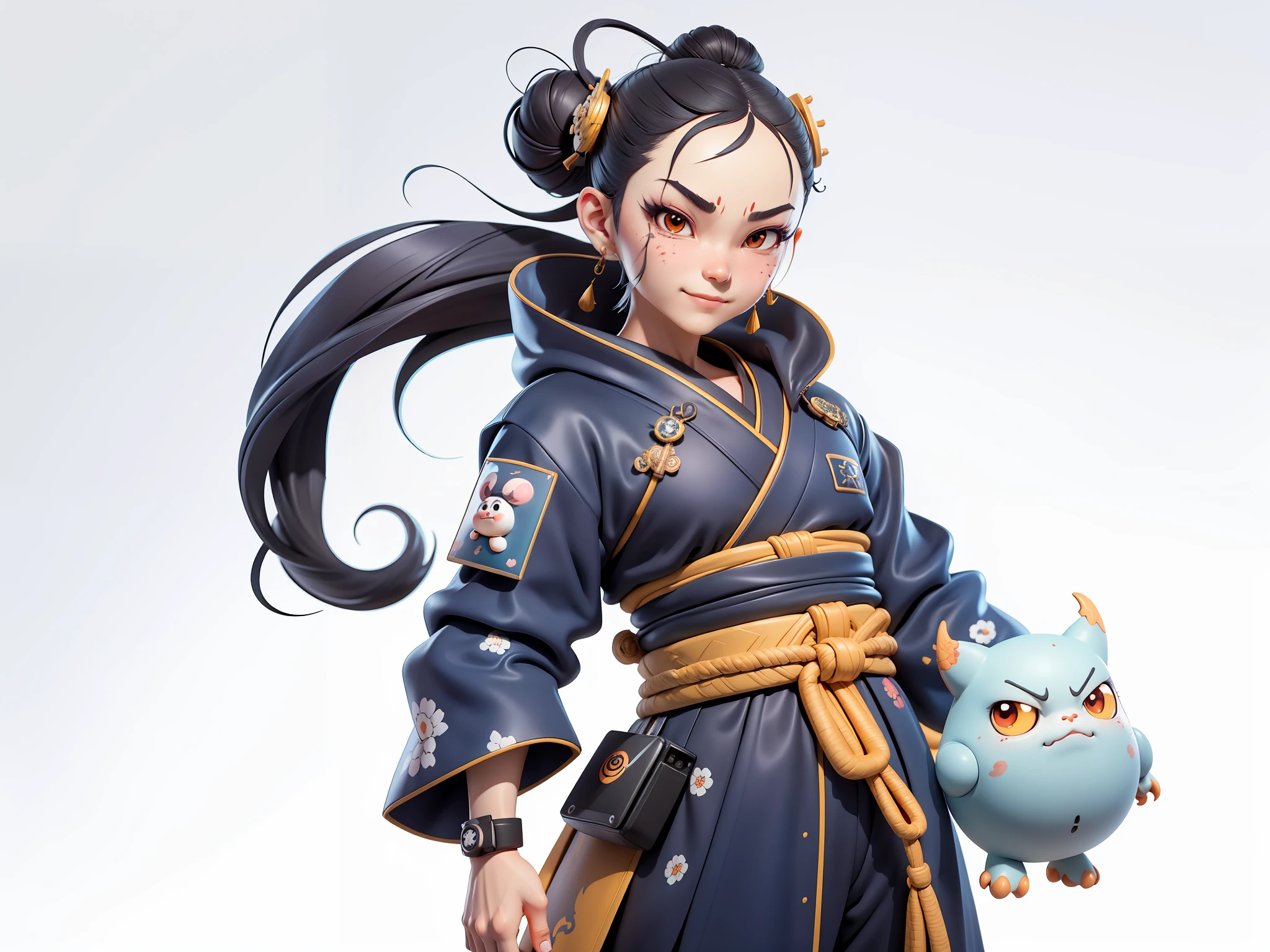 (Daisaku),(Need),(Super meticulous),(full bodyesbian:1.2),Japanese ukiyo-e girl,japanese geisha,Beautiful,Oriental dragon,Aeolian Thor,Raised sexy,爆乳,Oriental face,TV Anchor,Bust portrait illustration,Alone,In black suit,a blue tie,The face is slightly chubby,The face was clean,without a beard,Black super short hair,Black eyes,Smile confidently,3C computer sub-products,iPad, iphone,Digital painting,3D character design by Mark Clairen and Pixar and Hayao Miyazaki and Akira Toriyama,The illustration is a high-definition illustration in 4K resolution,With very detailed facial features and cartoon-style visuals。