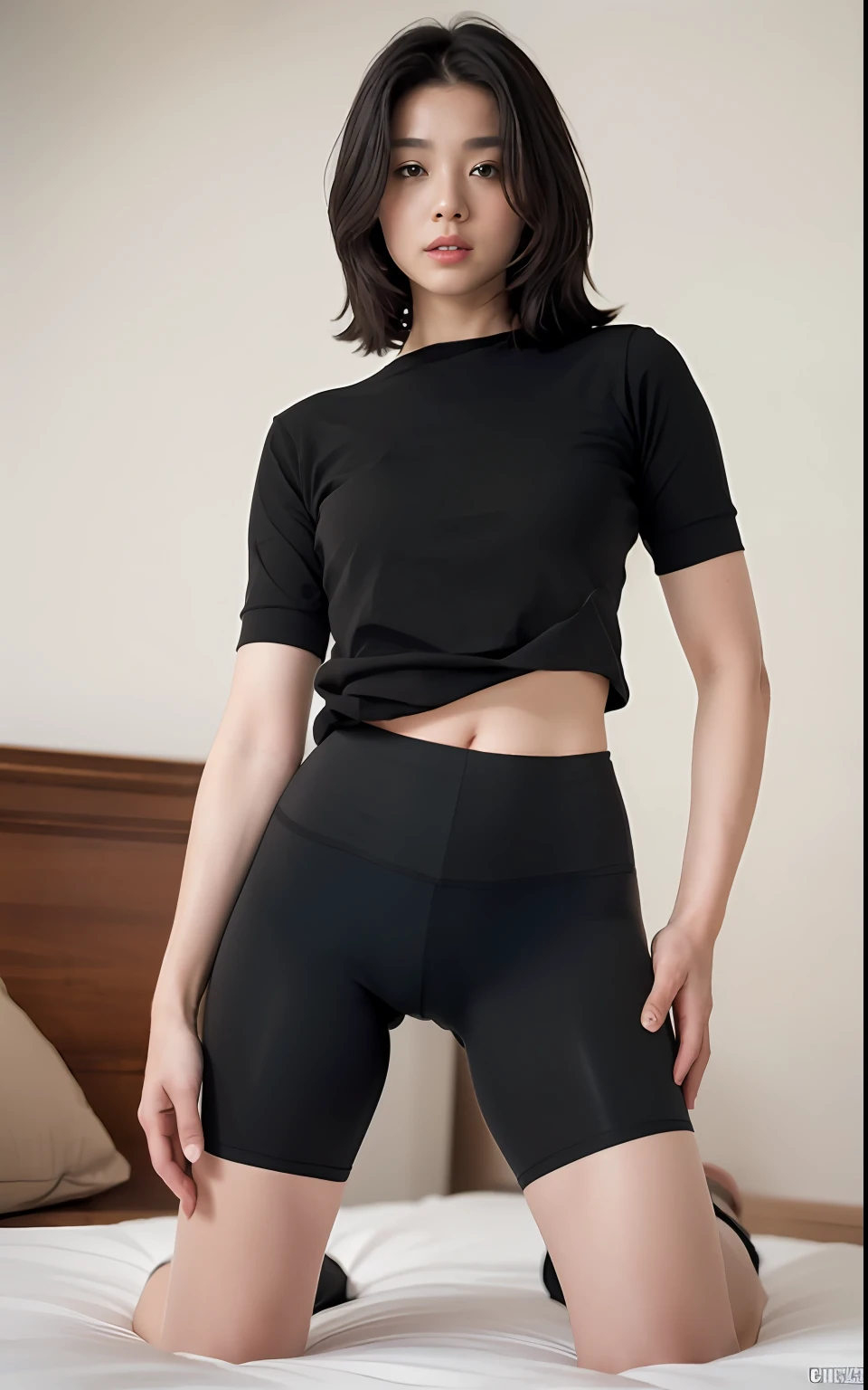masterpiece、masterpiece、top-quality、top-quality、realisitic、Unity、8K Picture Wallpaper、Official art、Highly detailed CG Unity 8K wallpapers、ulzzang-6500、one girls、cute little、Professional Lighting、((The sheen、Long black spandex shorts:1.37))、Big shirt、length hair、dishevled hair、 (Original: 1.2)、(realisitic: 1.4)、Kneeling、Put your hands on your thighs、ultra-detailliert、hight resolution、ultra-detailliert,splendid, finely detail, lighting like a movie、Simple costumes, Detailed clothing texture、a bed、skirt by the、Projection from above、 (8K、Raw photography、top-quality、masterpiece:1.27)、(realisitic、Photorealsitic:1.37)、physically-based renderingt、a handsome、masterpiece、top-quality、hight resolution、