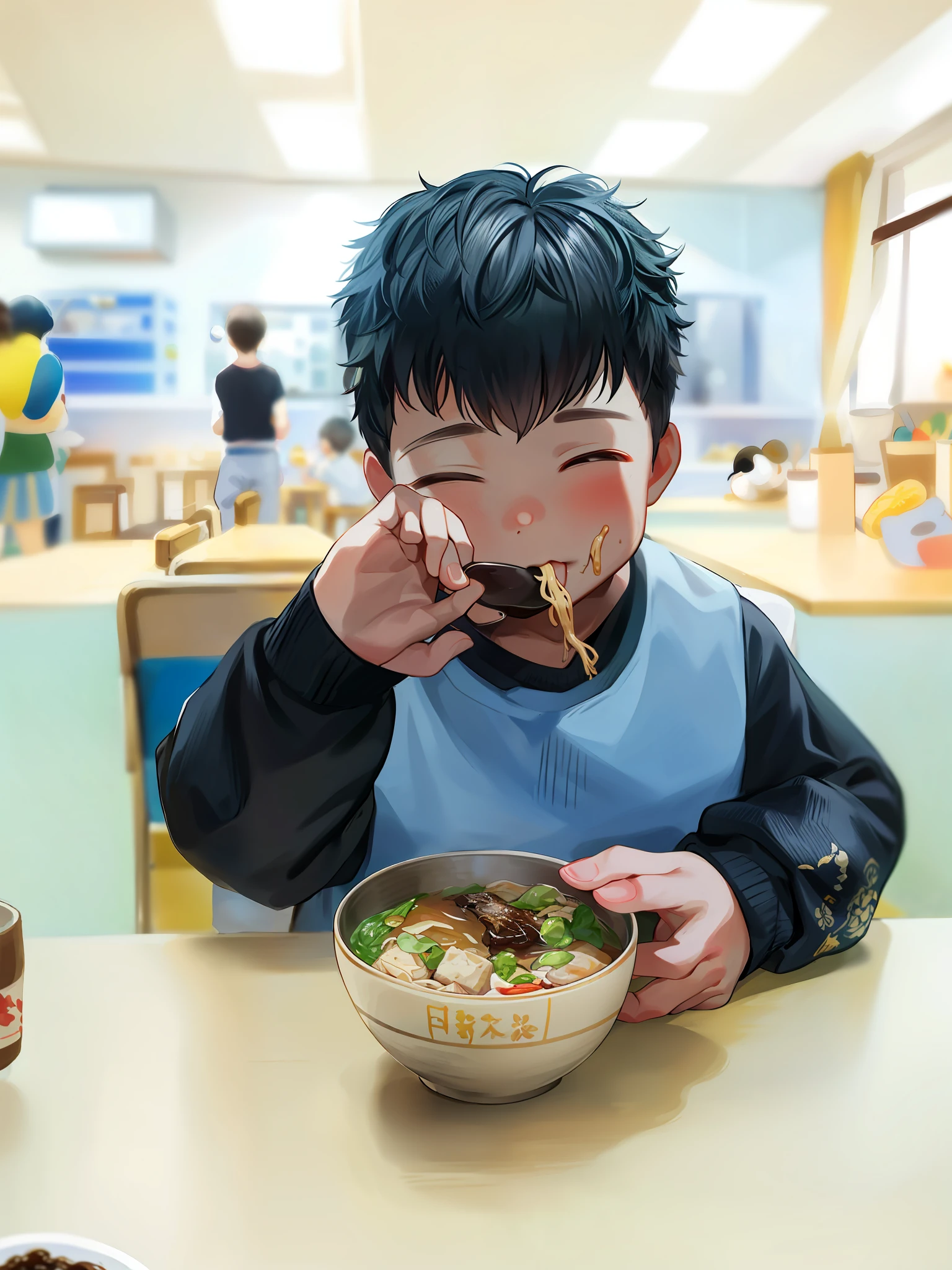 There was a  boy eating a bowl of food on the table, Eating noodles, delicacy, kid, healthy, kiddy big breasts, messy eater, Eating, Highlight, mukbang, people inside eating meals, bo chen, photograph taken in 2 0 2 0, eating ramen noodles, with seaweed, 2 years  morning, Ancient sword, toddlers, Kim T-joon