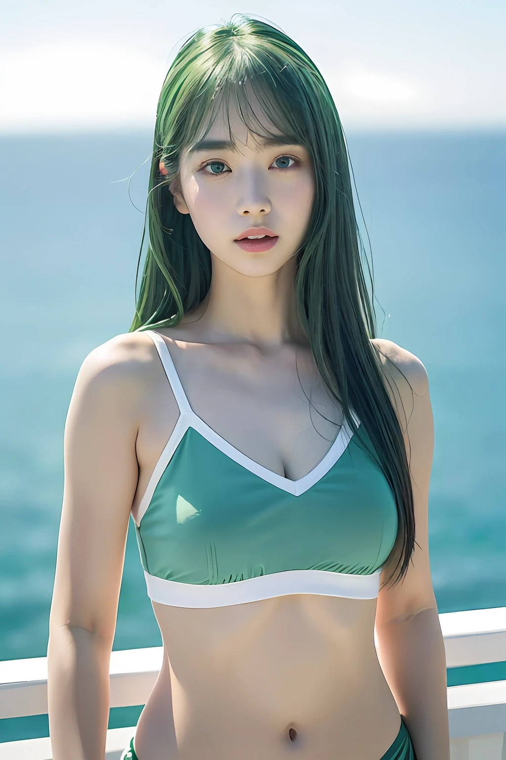 (extra detailed body、extra detailed face、best qualtiy:1.2)、femele、looking at the viewers、(White tops、JINS)、(Emerald green sea on background:1.4)