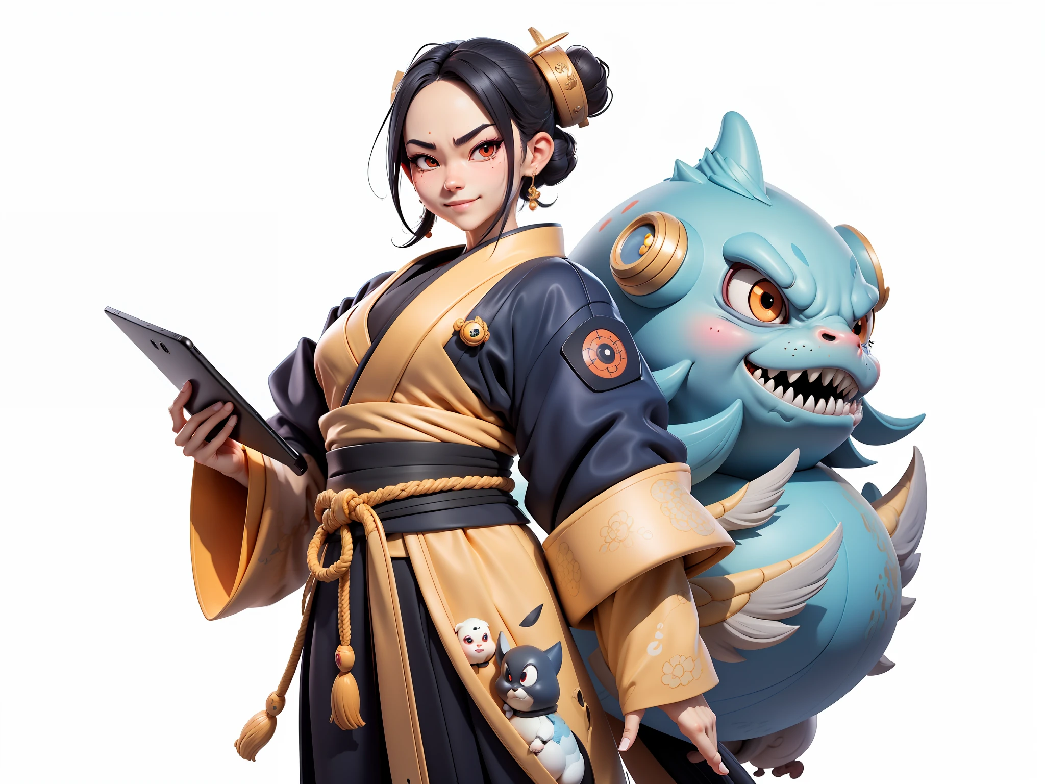 (Daisaku),(Need),(Super meticulous),(full bodyesbian:1.2),Japanese ukiyo-e girl,japanese geisha,Beautiful,Oriental dragon,Aeolian Thor,Raised sexy,爆乳,Oriental face,TV Anchor,Bust portrait illustration,Alone,In black suit,a blue tie,The face is slightly chubby,The face was clean,without a beard,Black super short hair,Black eyes,Smile confidently,3C computer sub-products,iPad, iphone,Digital painting,3D character design by Mark Clairen and Pixar and Hayao Miyazaki and Akira Toriyama,The illustration is a high-definition illustration in 4K resolution,With very detailed facial features and cartoon-style visuals。