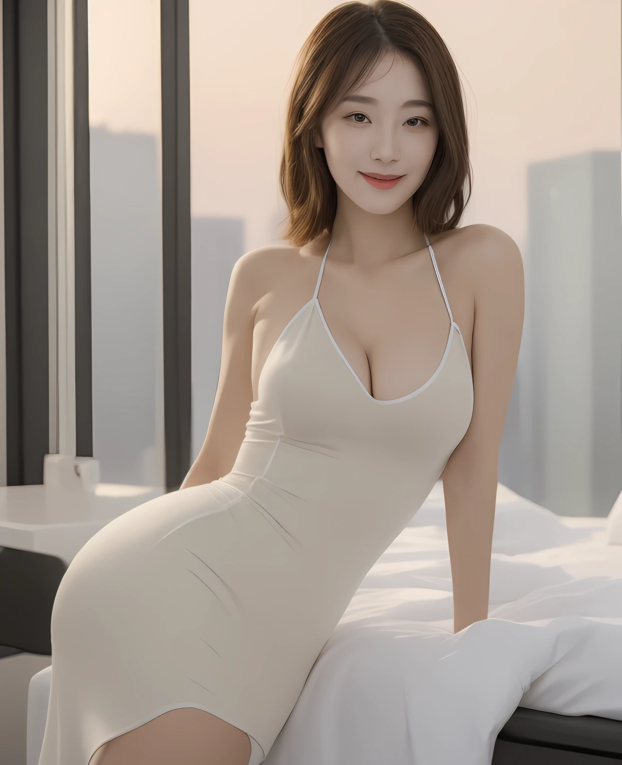 （（best qualtiy，realisticlying，8K HD，tmasterpiece：1.3）），focal：1.5，perfect bodies：1.3，（Short ponytail straight hair，Vertically smooth hair，A detailed:1.3）），（（wetclothes：1.1），Classical cheongsam:1.3，（detailed outfits:1.3），（delicate stiletto heels crystal band sandals，high high quality：1.2））， Highly Detailed Face and Skin Textur， Fine Eye，二重まぶた，realistic pupil，skin lightening，Beautiful face，Swollen eyes，Healing is a smile，（female focus，Waist focus，close focus，hdr shot，20yr old，Raised breasts，no-bra，the areola is visible，With a petite figure，Slim:1.3，slenderlegs:1.3，beautiful night scene，Luxury office，floor to ceiling window，Long table，Double bed，Cocked buttocks:0.6，Playful and coquettish beautiful pose（full bodyesbian：1.8））