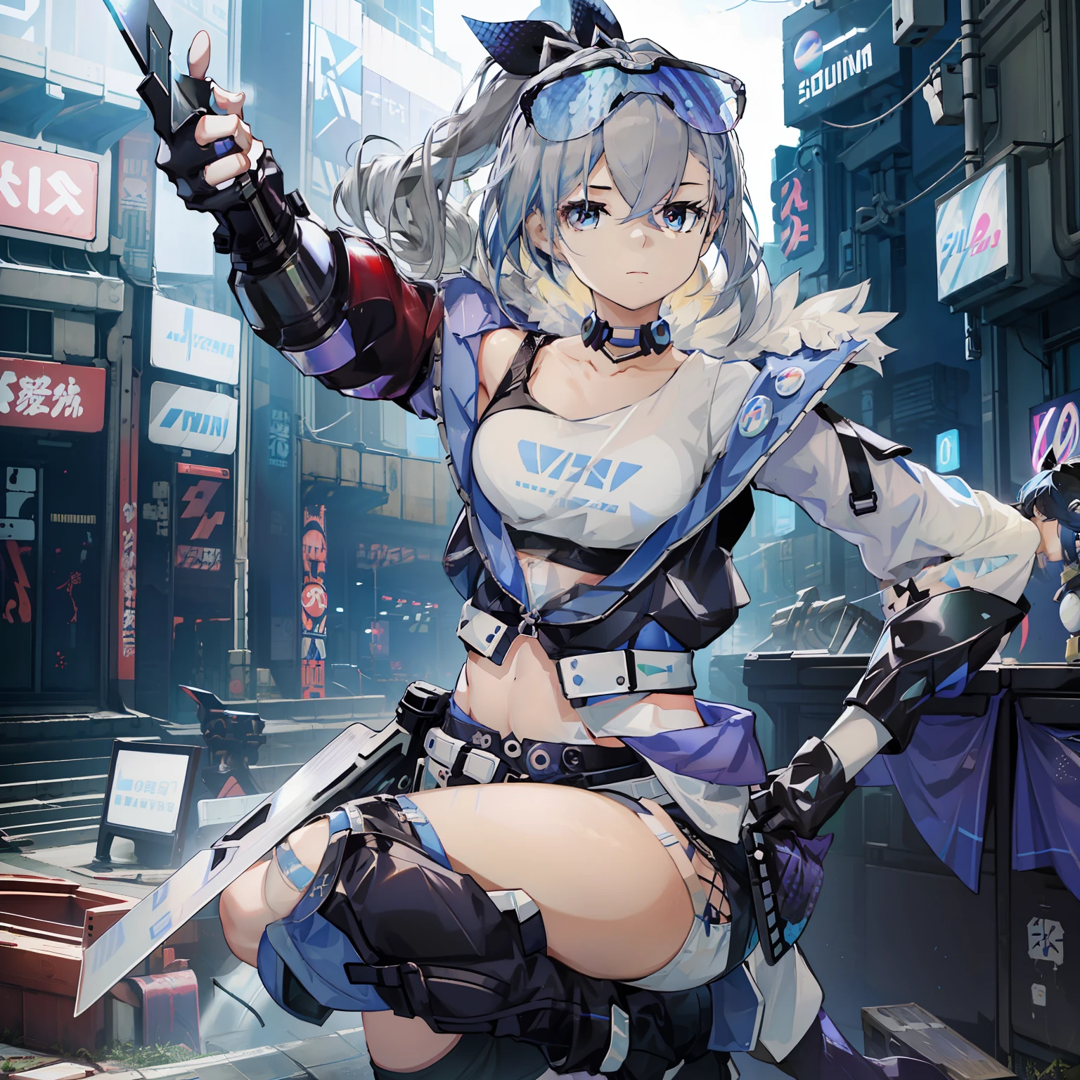 Beautiful woman medium hair、hated、cyberpunked、a short bob、a blond、White Summer Knitted Cap、 odd eye、blue  right eye、Green left eye、Blue Leather Vest、Long white T-shirt、White Cargo Pants、Black Engineer Boots、head phone、Carried a sword on his back Japan、Sprint、In front of Shibuya Station、natta