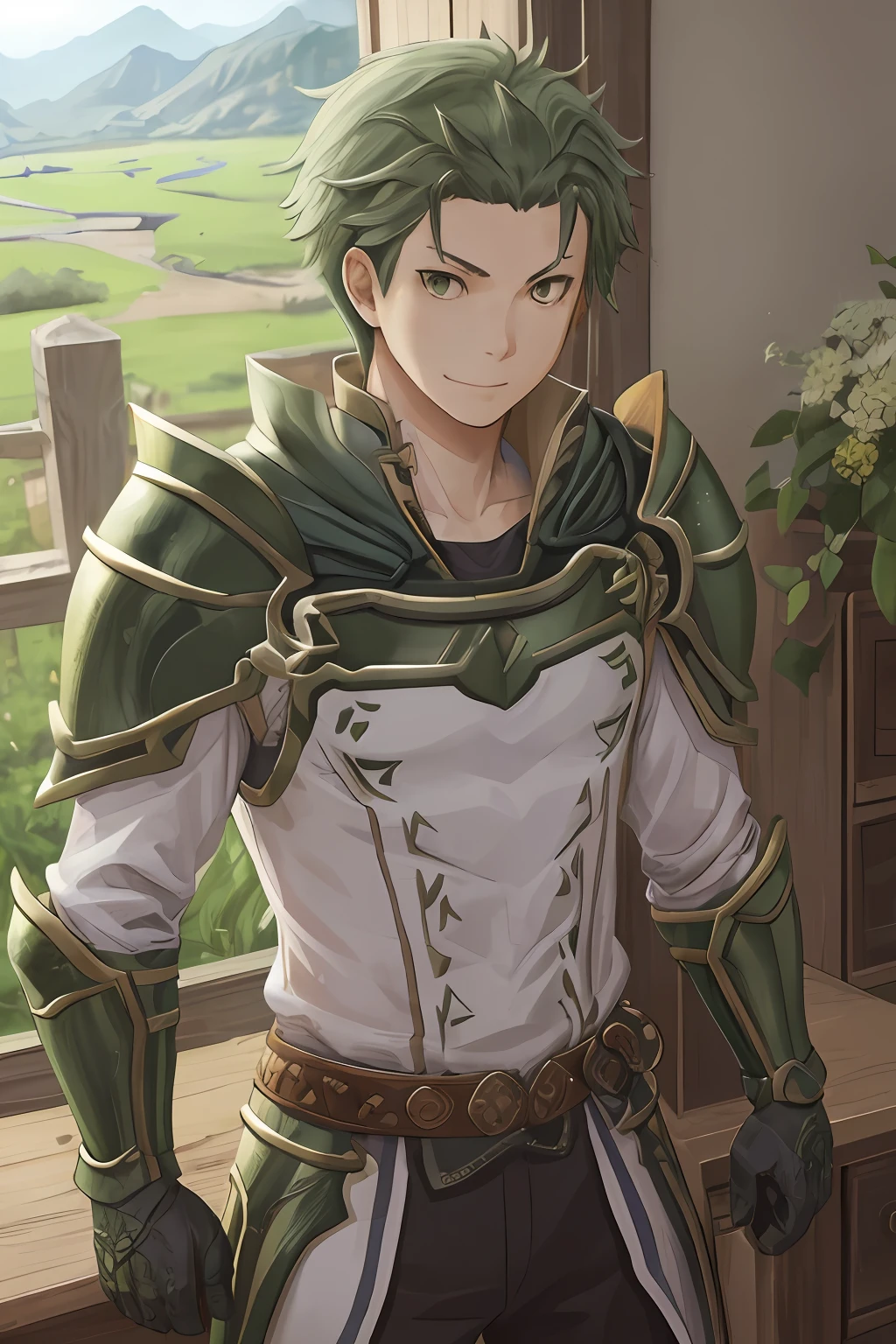 (1 Adult male),A high resolution, Sharp focus, Pixiv masterpiece, ((Complicated details)), highly detailed, natsuki_subaru, 1 man, ssmile,full bodyesbian, greene eyes(eyes glowing), Green short bob hair,Armour,cloaks,Shoulder armor,perspire,look from down