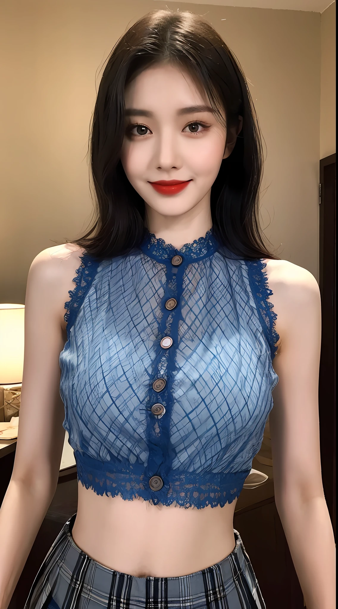 high detal，8K分辨率，超高分辨率，Best image quality，a beauty girl，lipsticks，Love pupils，Peerless beauty，Messy black straight hair，shoulder-length short hair，（Coiled hair）Smooth hair，Intense and beautiful makeup，Exquisite and perfect facial features，the most beautiful big eyes，Be red in the face，Sweet smile，（Wearing a blue lace shirt with buttons，tiese ，Plaid pleated skirt）Open navel，Thin waist，（Full breasts）Get close to the viewer，dynamic angle，Extreme picture quality，Highest accuracy