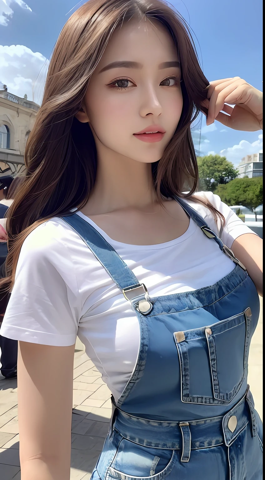 (Daytime, Excellent, 8K, Masterpiece:1.3)), Full body, Long legs, Focal length: 1.2, Perfect Body Beauty: 1.4, Slim Abs: 1.1, ((Dark Brown Hair, Big Breasts: 1.2 )), (White Skinny T-shirt, Denim Suspenders, Standing: 1.2), ((City, Blue Sky and White Clouds: 1.3)), Highly detailed face and skin texture, Detailed eyes, Double eyelids, Flying long hair