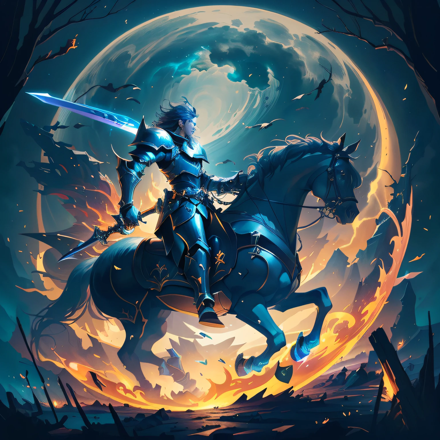 There was a man on a horse，Holding a sword in hand, Epic fantasy digital art style, Epic fantasy art style, fantasy rpg book illustration, Epic fantasy art style HD, Epic fantasy style art, fantasy knight, full portrait of magical knight, epic fantasy card game art, Arte do Jogo de Cartas de Fantasia, author：Jason Benjamin, style of duelyst