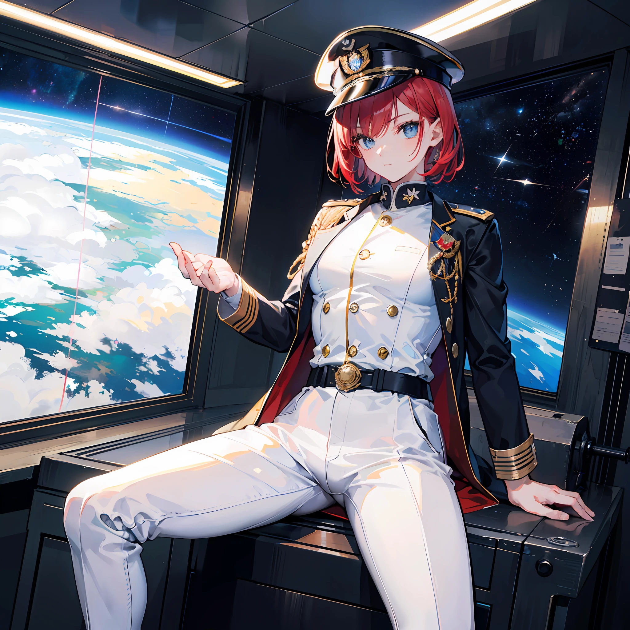 ((Masterpiece)), ((Highest Image Quality)), ((Best Quality)), (Illustration of One Girl), Full Body, 25 Years Old, Short Red Hair, (Thin Hair on Both Sides of Face), Blue Eyes, (((Tall)), ((Muscular Strong Body)), ((Manspreading)), Open Legs, (((Military Uniform)), (Military Hat)), (Military Coat)), (White Clothes), (White Pants), (White Hat), Trench Coat, ((Inside the spaceship, sitting in the captain's seat)), (outside the window, space, Earth seen from space, spaceport)