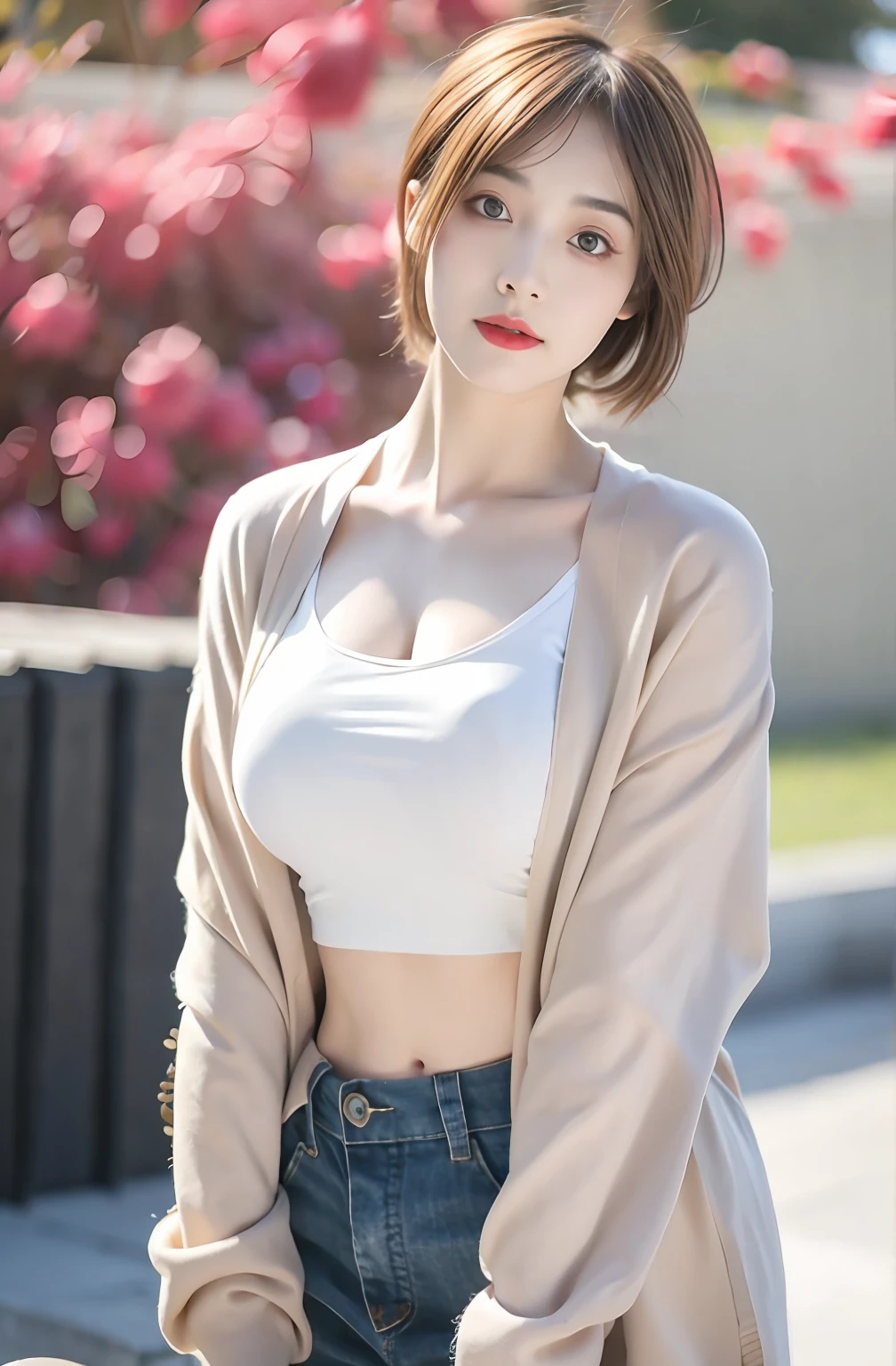 Incomparable masterpiece, perfect artwork, ((perfect female figure)), short hair, blonde hair, thin, realism, solo, (realism: 1.4), best quality, super high resolution, 1girl, porcelain, kpop ido, full body, gray cardigan, (C cup), beautiful, masterpiece, best quality, very detailed face, perfect lighting, solo, plain makeup, best quality, super high resolution, (realistic:1.4), super detailed, masterpiece, best quality, 👍 ulzzang -6500-v1.1