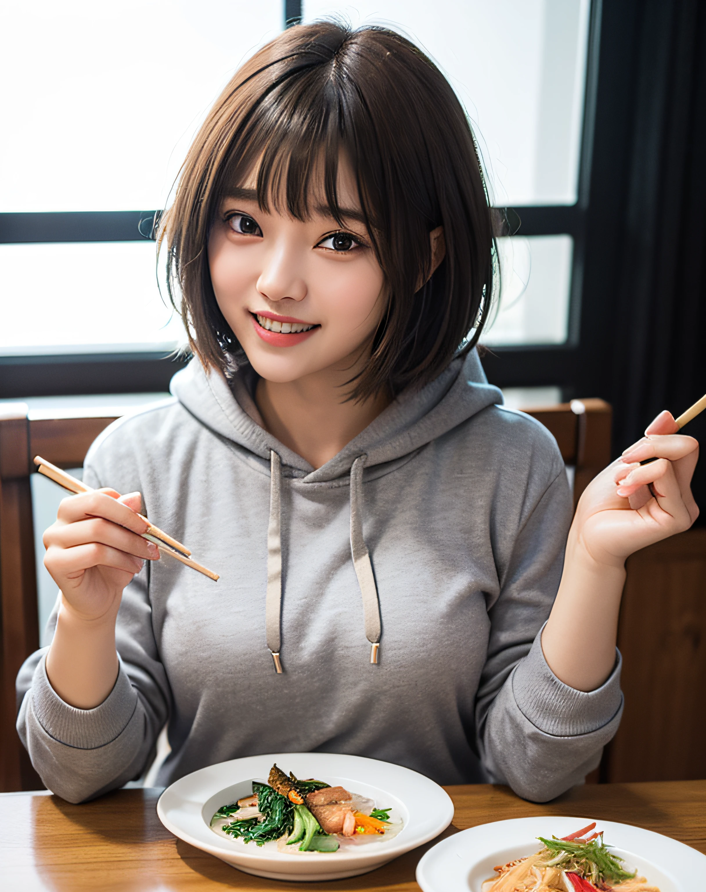 zydG, 1girl, More skin, toView, brown-eyed, (Shorthair with bangs:1.2), (middlebreast:1.0), (medium areolae:0.8), (Photorealsitic:1.4), (Top image quality:1.0), (超A high resolution:1.0), 8K, RAW Photography, (masterpiece:0.2), (pureerosface_v1:0.5), sitting on, (The table、Vietnamese cuisine), Chopsticks in the right hand, gray hoodie, (teeth showing、a smile、The corners of the mouth are raised)