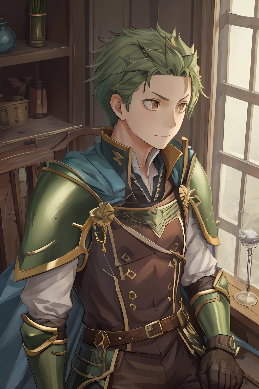 （1 Adult male），A high resolution， Sharp focus， Pixiv masterpiece， （（Complicated details））， highly  detailed， natsuki_subaru， 1 man， ssmile，full bodyesbian， greene eyes（eyes glowing）， Green short bob hair，Armour，cloaks，Shoulder armor，perspire，look from down