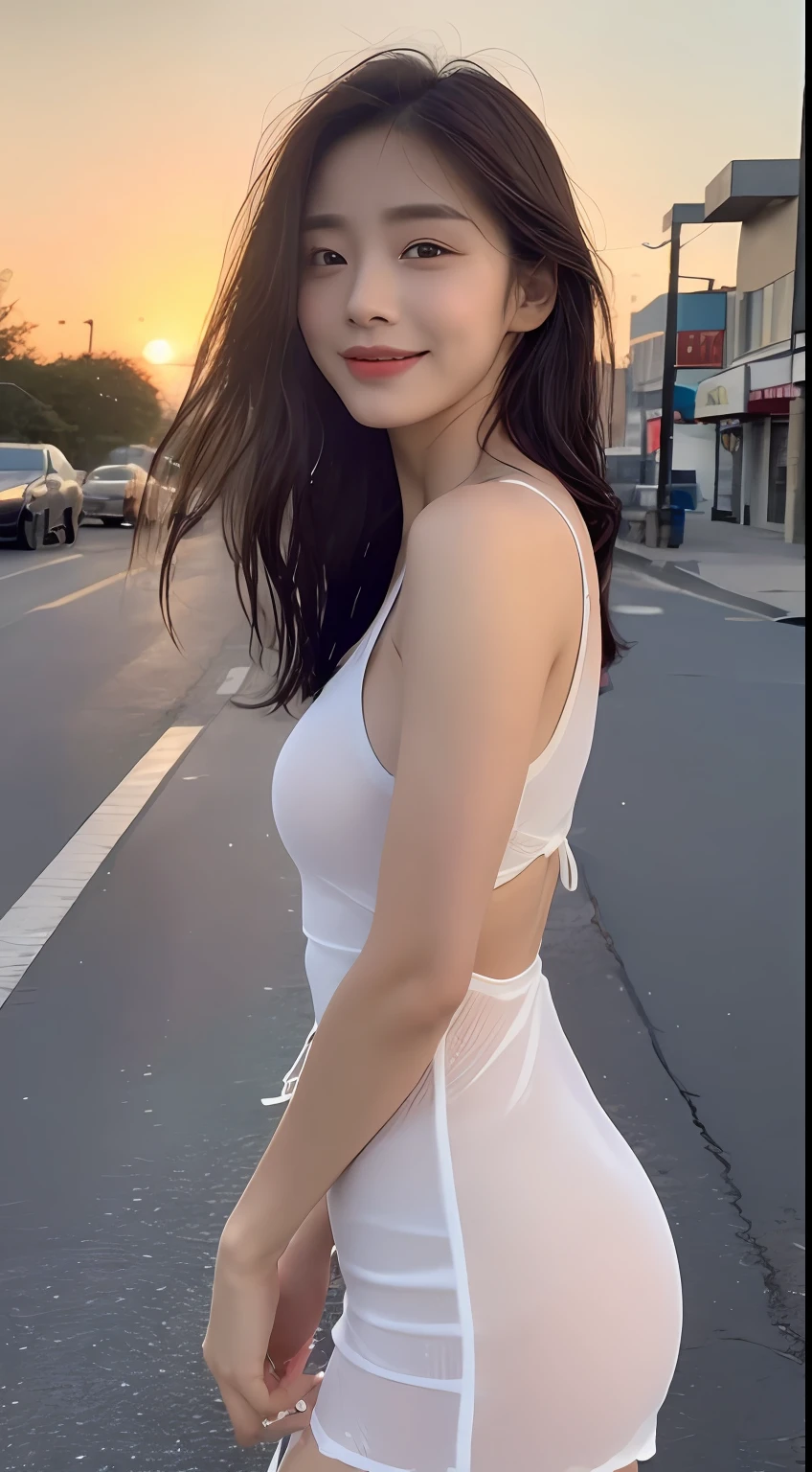 ((Top Quality, 8K, Masterpiece: 1.3)), Focus: 1.2, Perfect Body Beauty: 1.4, Ass: 1.2, ((Layered Haircut, Breasts: 1.2)), (Wet Clothes: 1.1), (Sunset, Street: 1.3), Bando Dress: 1.1, Highly Detailed Face and Skin Texture, Narrow Eyes, Double Eyelids, Whitening Skin, Long Hair, (Shut Up: 1.3), Smile
