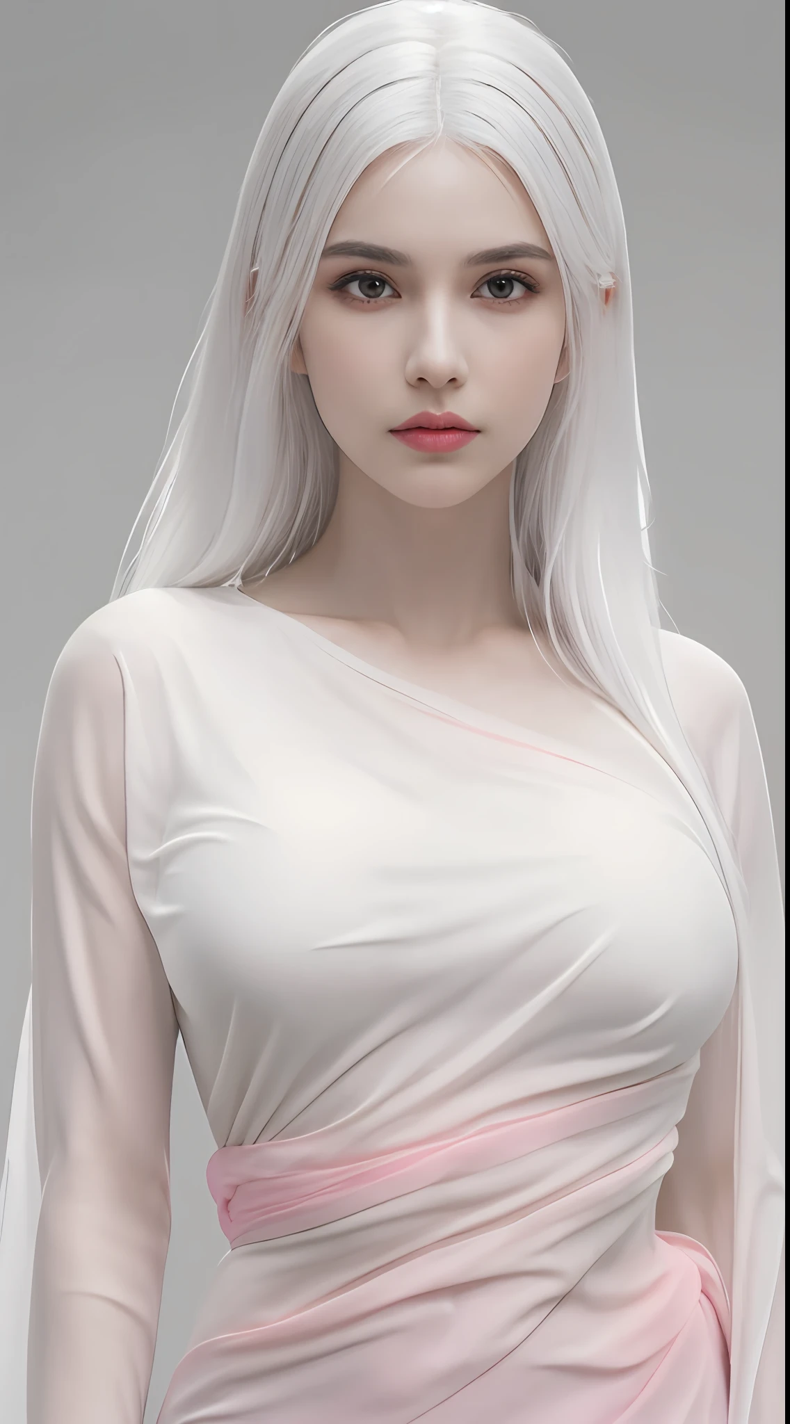 1girl, ((upper half body, narrow waist, waist, girl, white hair, long hair, black eyes)), (front view, from front), looking at viewer, Best quality, masterpiece, ultra high res, (photorealistic:1.4), 8k, clean, (incredibly absurdres, ultra-detailed,CG ,unity ,8k wallpaper), (detailed face :1.4),(beautiful detailed eyes :1.2),(detailed hair), light on face, cinematic lighting, perfect face, lips, adult, solo, Pink Sheer Dress, See Through, (( white skin, real skin, middle_breasts))