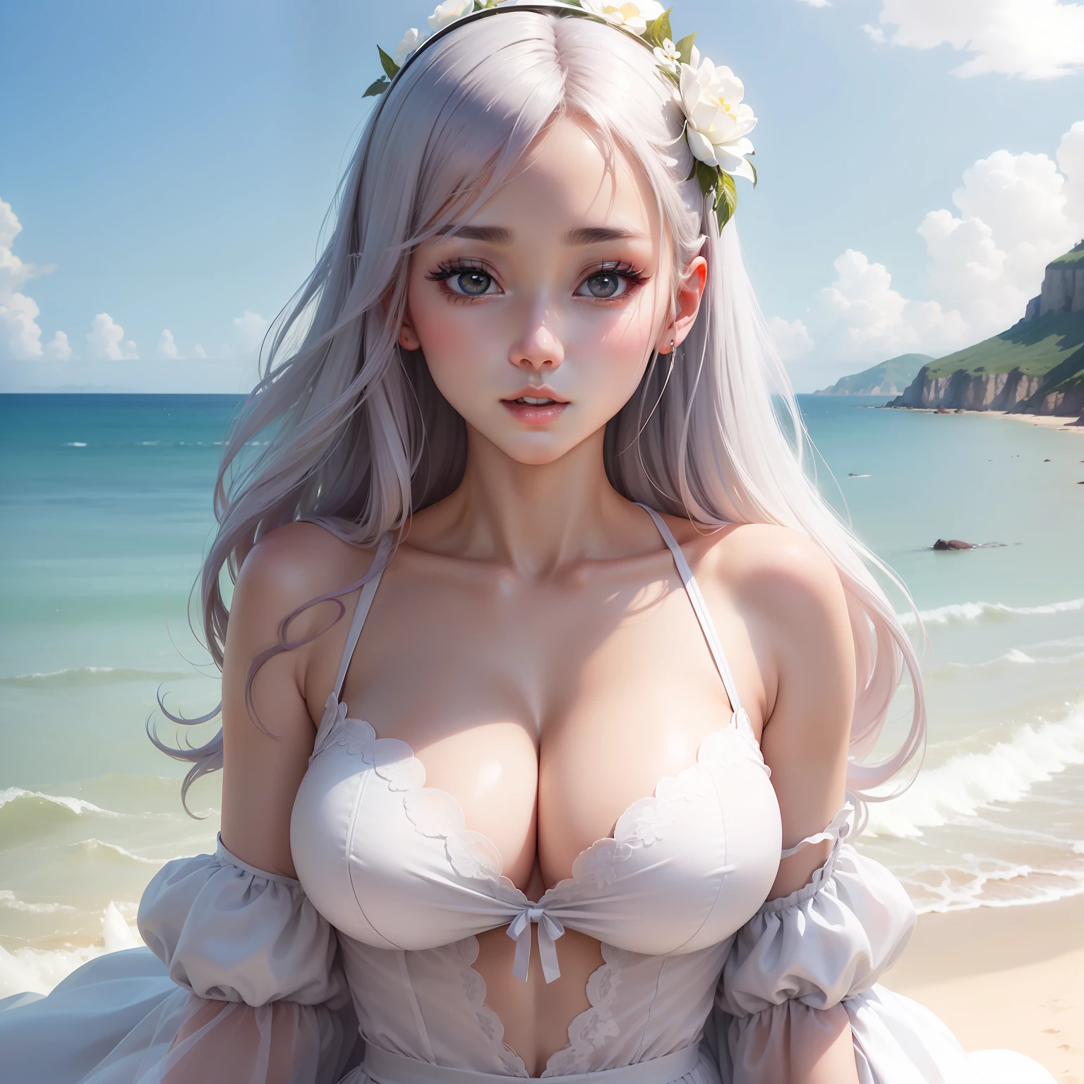 (extra detailed body、extra detailed face、best qualtiy:1.2)、femele、looking at the viewers、(White tops、JINS)、(Beautiful sea in the background:)、cleavage of the breast