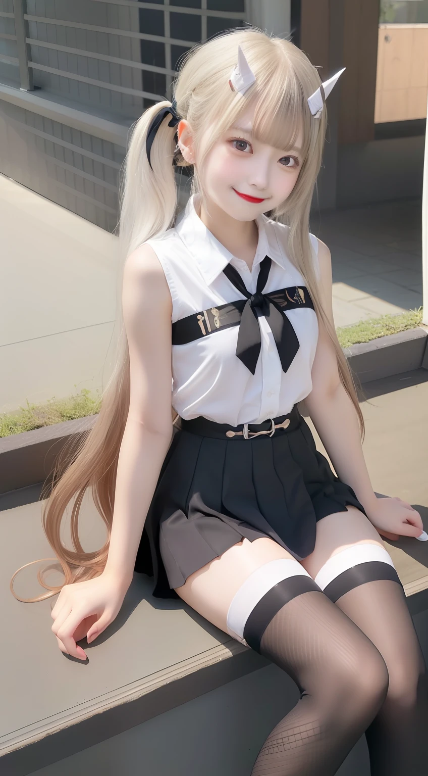 masterpiece, top-quality, absurderes, perfect anatomia, 1girl in, 独奏, Nakiri Ayame, length hair, Twin-tailed, Iris Casual, white shirt, sleeveless shirts, Black tie, a black skirt, pleatedskirt, Hair Ribbon, X Hair Ornament, black thighhighs, Thigh strap at right leg......、 20 years old,(a smile:1.4)