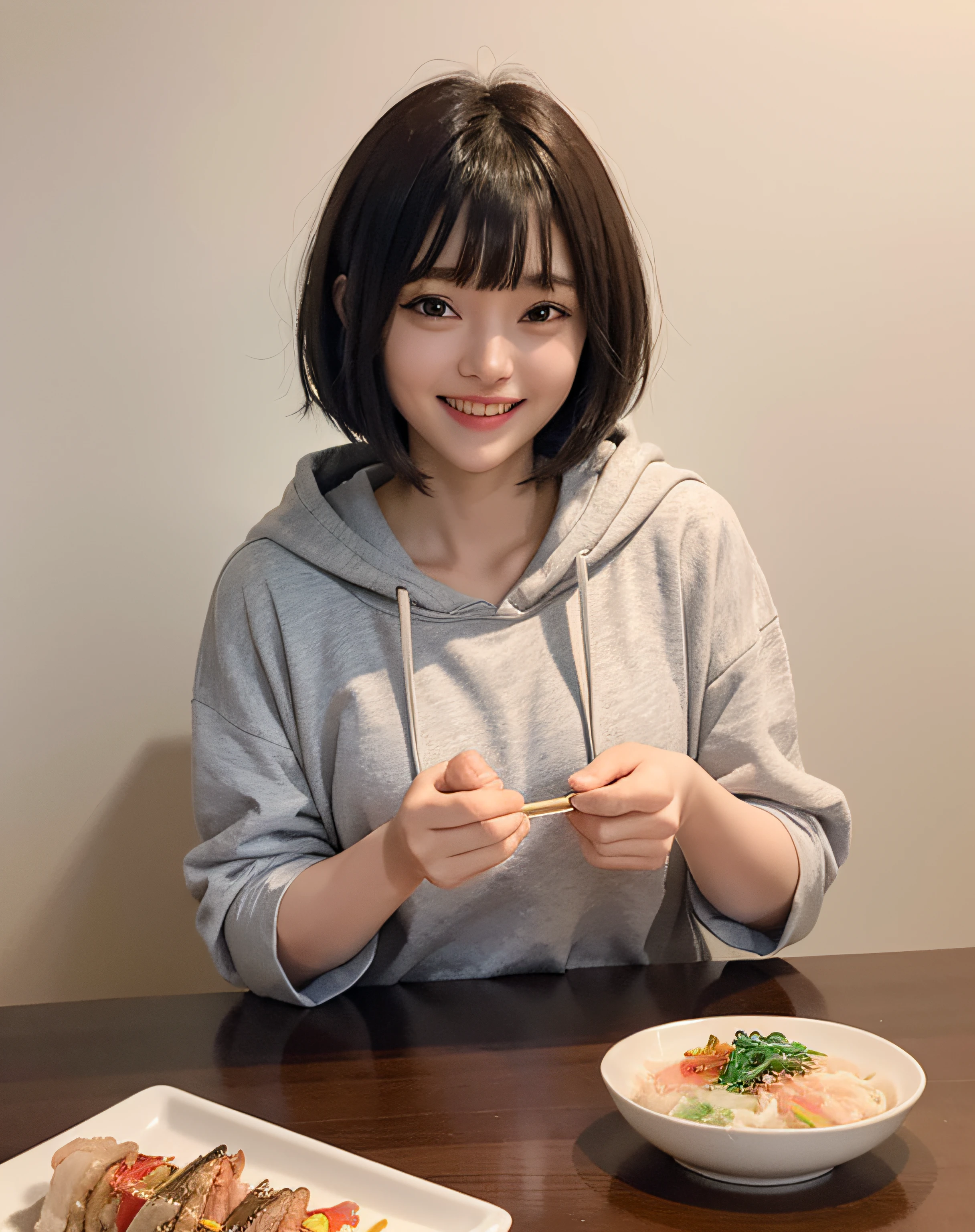 zydG, 1girl, More skin, toView, brown-eyed, (Shorthair with bangs:1.2), (middlebreast:1.0), (medium areolae:0.8), (Photorealsitic:1.4), (Top image quality:1.0), (超A high resolution:1.0), 8K, RAW Photography, (​masterpiece:0.2), (pureerosface_v1:0.5), sitting on, (The table、Vietnamese cuisine), Chopsticks in the right hand, gray hoodie, (teeth showing、a smile、The corners of the mouth are raised)