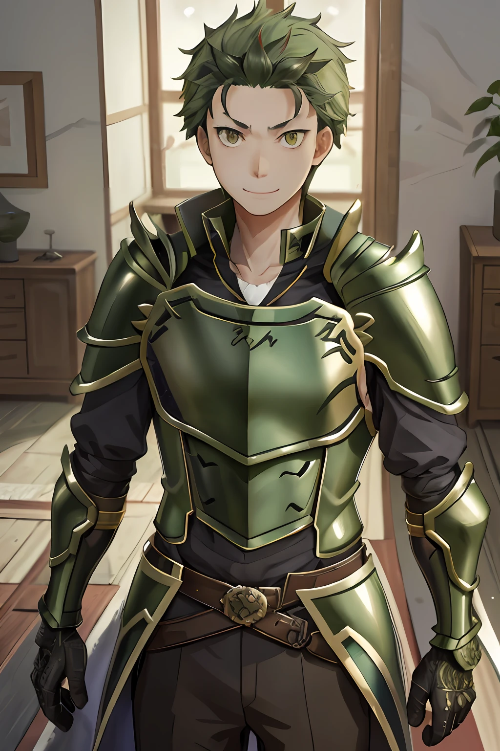 （1 Adult male），A high resolution， Sharp focus， Pixiv masterpiece， （（Complicated details））， highly  detailed， natsuki_subaru， 1 man， ssmile，full bodyesbian， greene eyes（eyes glowing）， Green short bob hair，Armour，cloaks，Shoulder armor，perspire，look from down