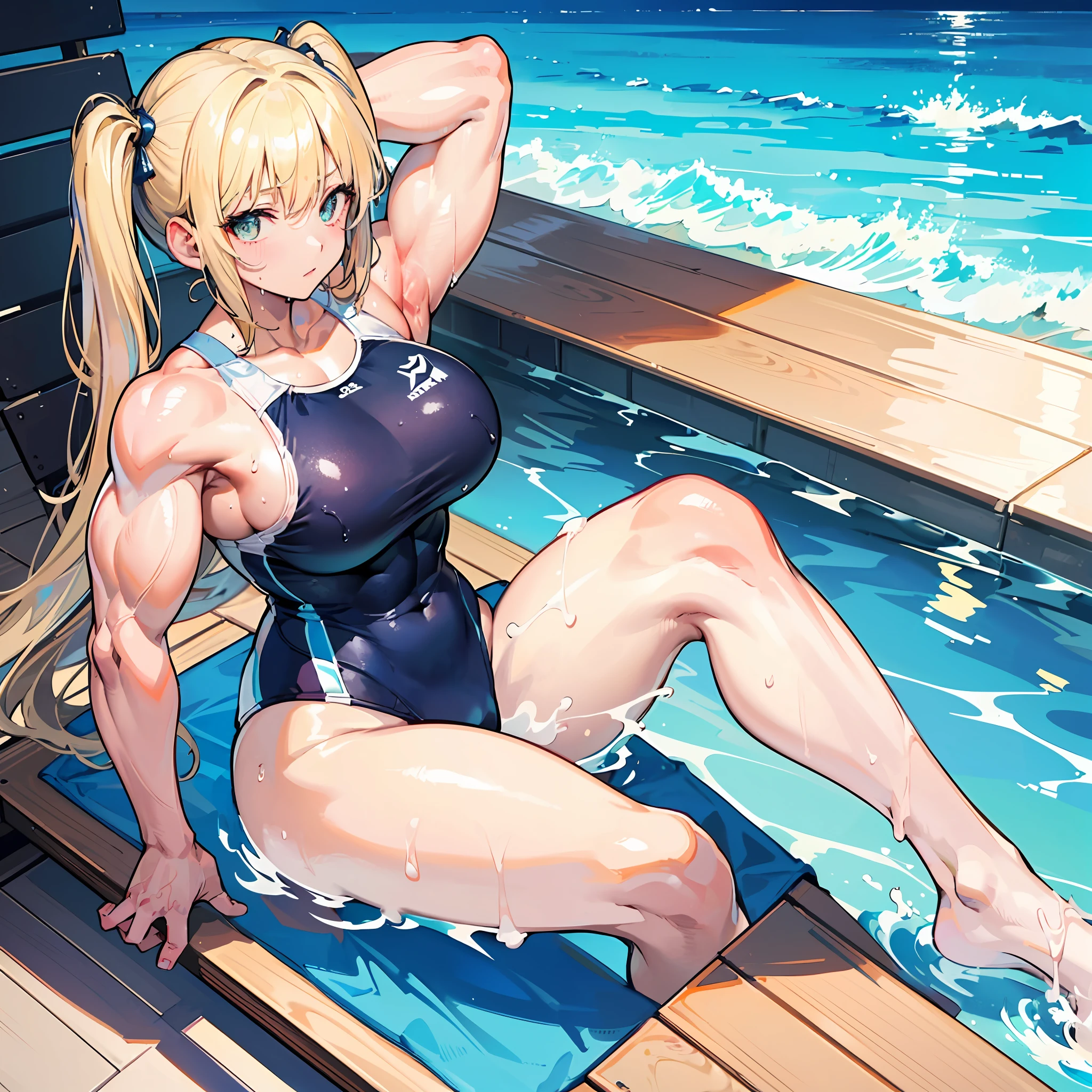 ((​masterpiece))、((Top image quality))、((top-quality))、(((Illustration of one woman)))、(((muscle woman)))、((30-years old))、((neuter))、((Blonde twintails))、Light golden eyes、((Long body))、(((perspiring)))、((Steam wafting all over the body))、((Body wet with sweat))、(((Muscular and strong body)))、((Split abs))、(((muscular and thick arms)))、(((muscular and thick thighs)))、((manspreading))、((Sports Swimwear))、Sitting on a deck chair、in poolside